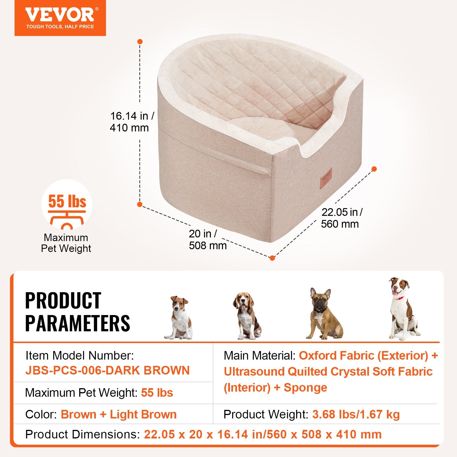 Šuns automobilinė kėdutė VEVOR JBS-PCS-006-DARK BROWN, iki 25 kg