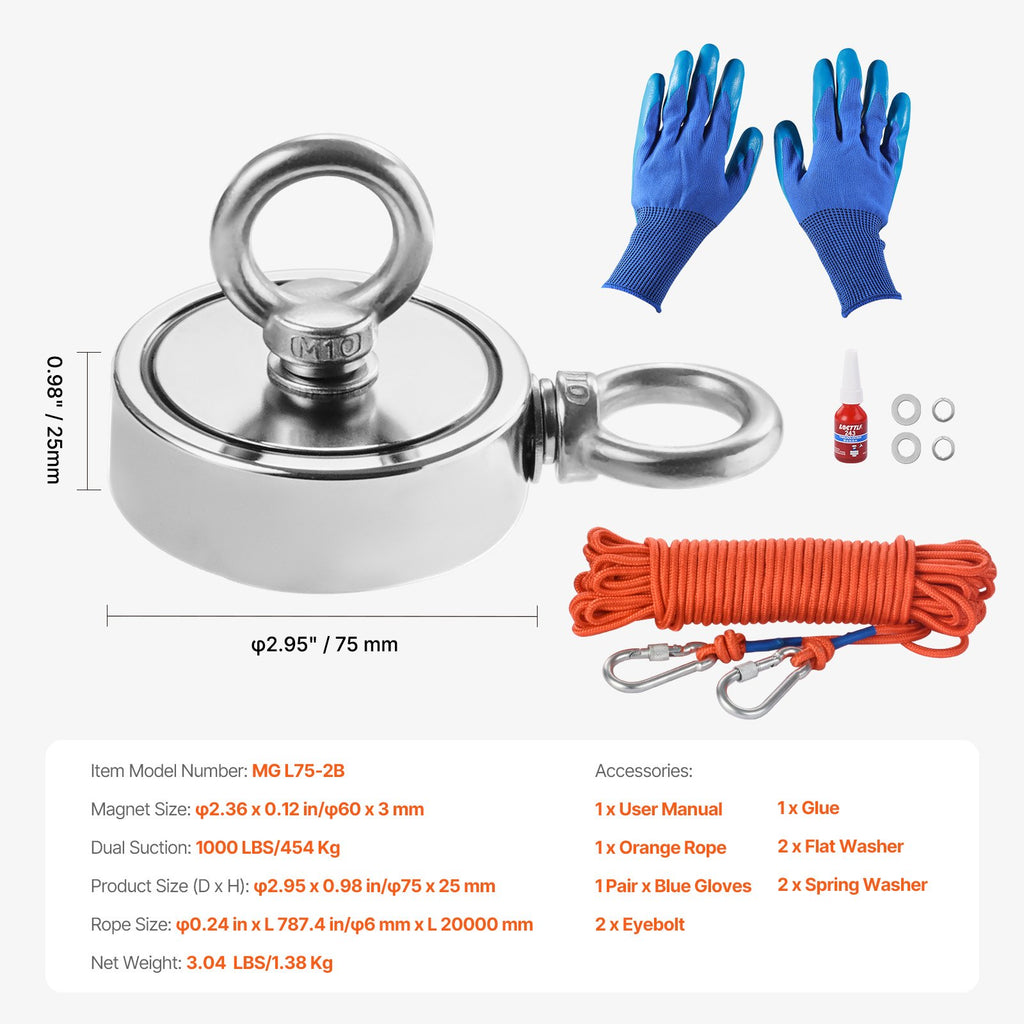 Magnetinės žvejybos rinkinys VEVOR MG L75-2B, 454 kg traukos jėga