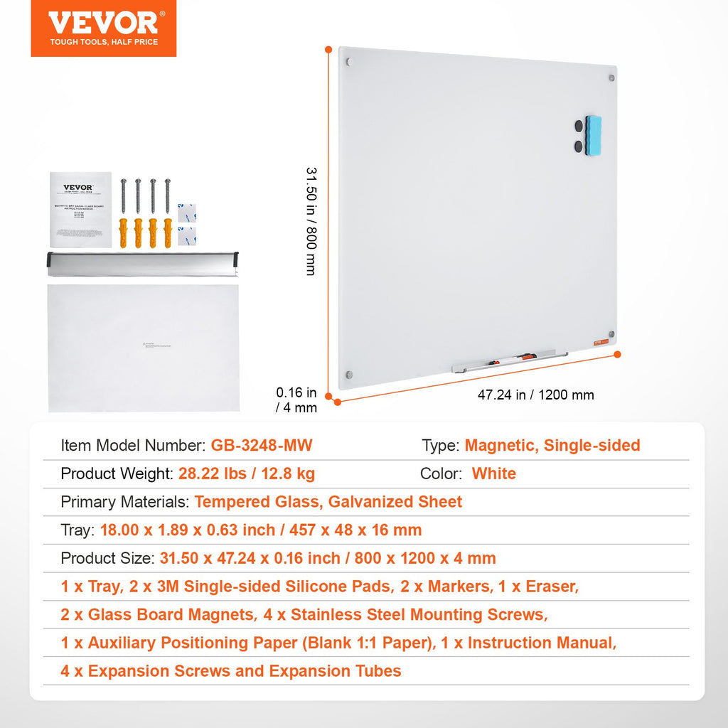 Magnetinė stiklinė lenta VEVOR GB-3248-MW, 1200 x 800 mm