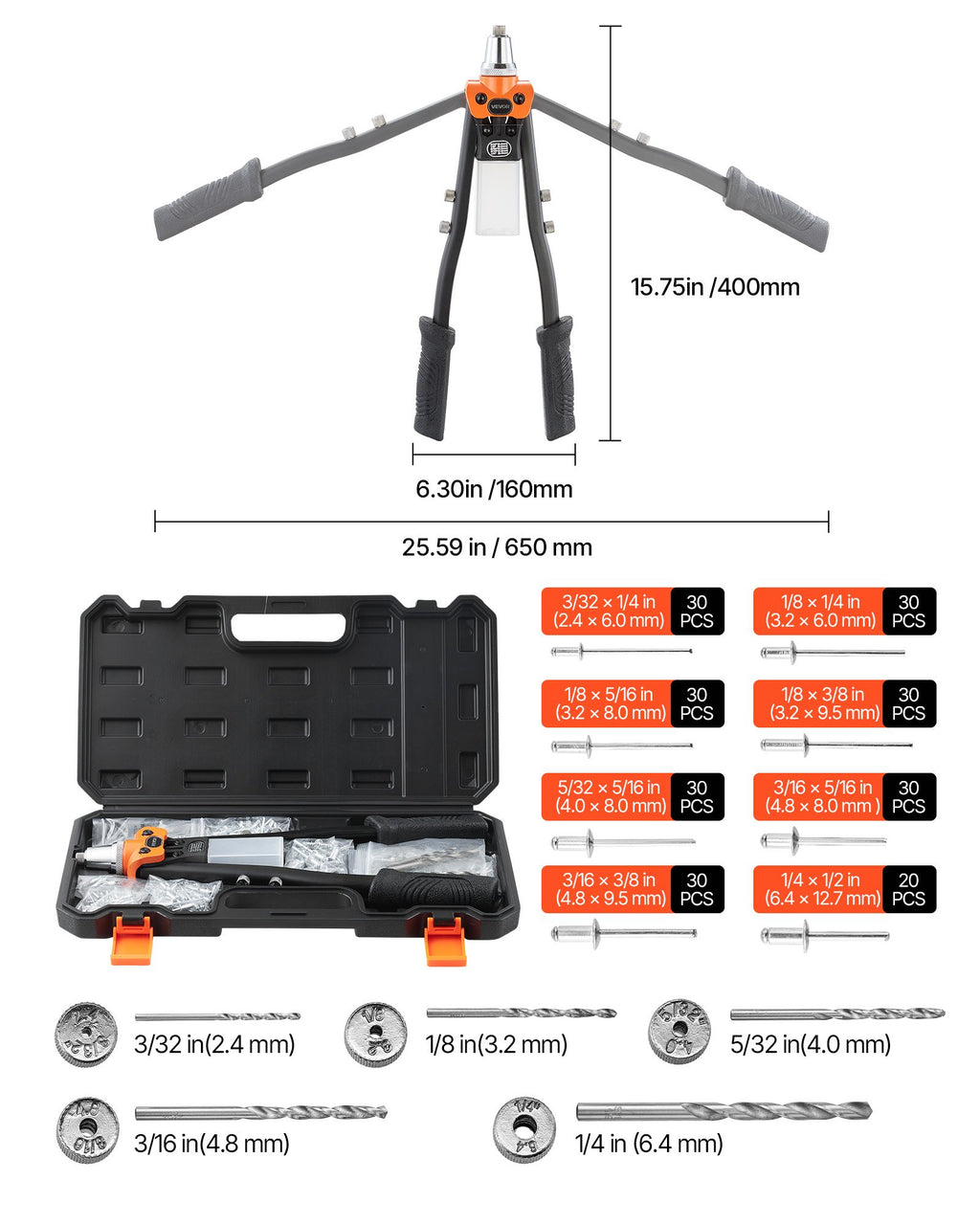 Rankinis kniediklis VEVOR DY-8306, 230 kniedžių rinkinys