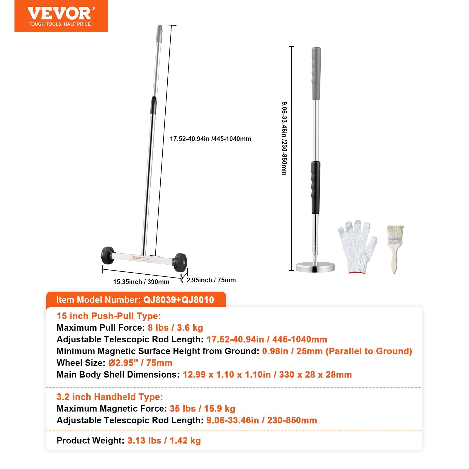 Magnetinė šluota su ratais VEVOR QJ8039+QJ8010, 3,6 kg keliamoji galia