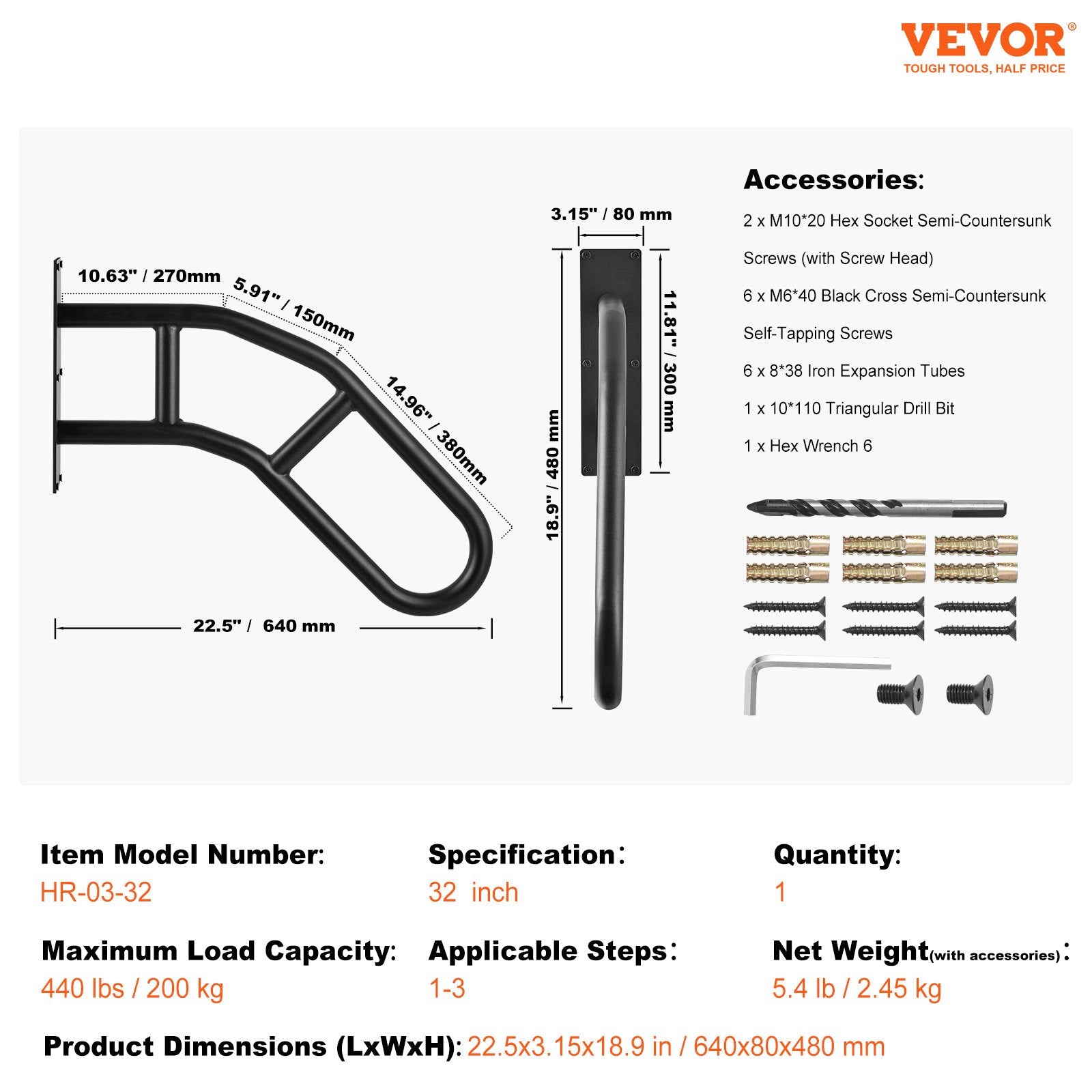 Turėklas lauko laiptams VEVOR HR-03-32, 81,3 cm