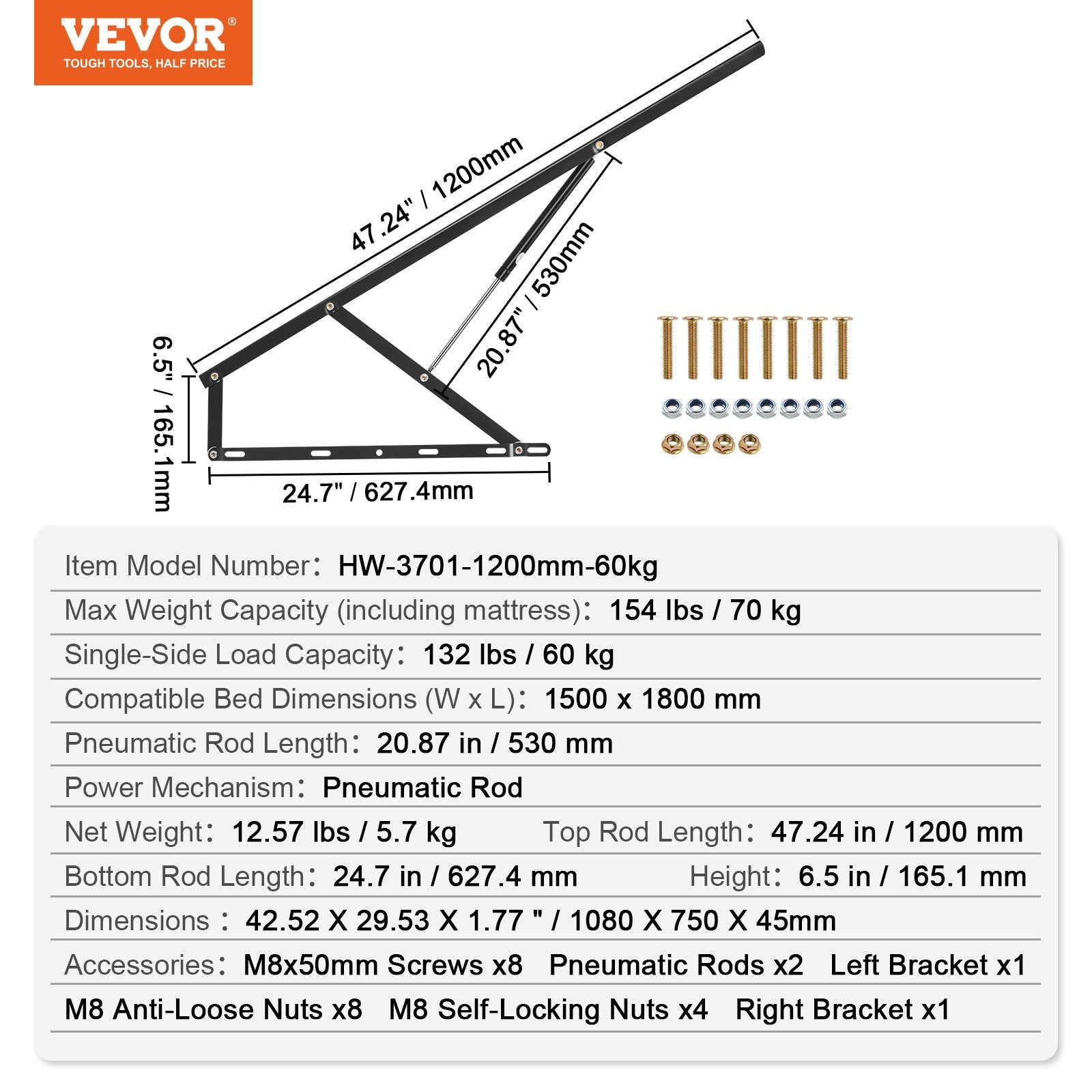 Lovos pakėlimo mechanizmas VEVOR HW-3701-1200mm-60kg, 70 kg keliamoji galia