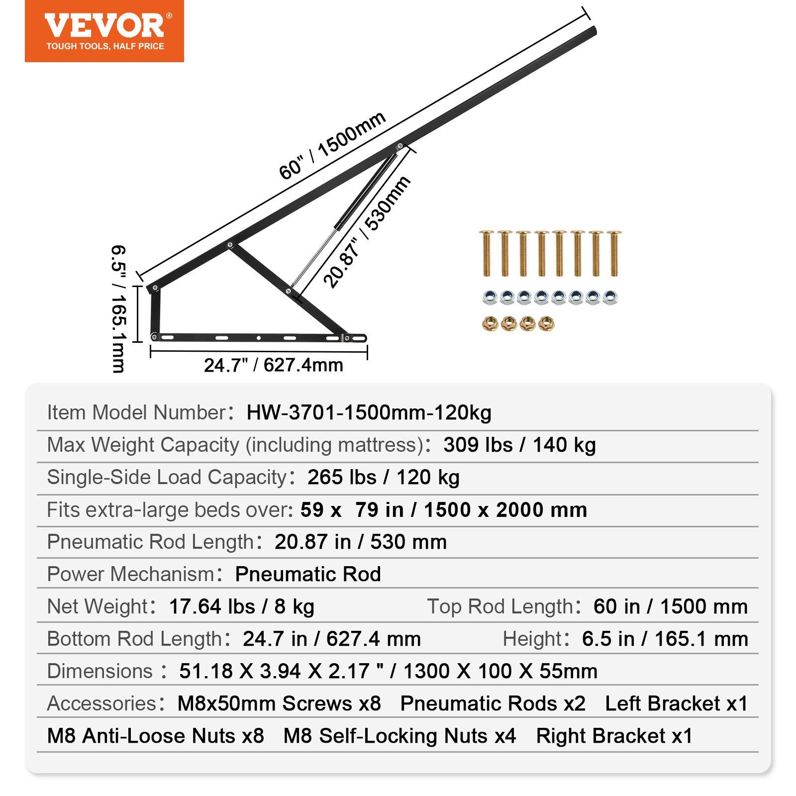 Lovos pakėlimo mechanizmas VEVOR HW-3701-1500mm-120kg, 140 kg keliamoji galia