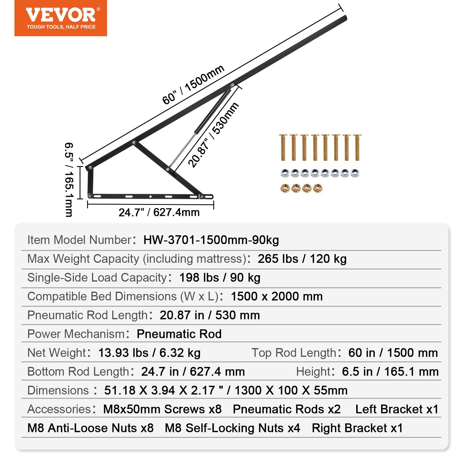 Lovos pakėlimo mechanizmas VEVOR HW-3701, 120 kg keliamoji galia
