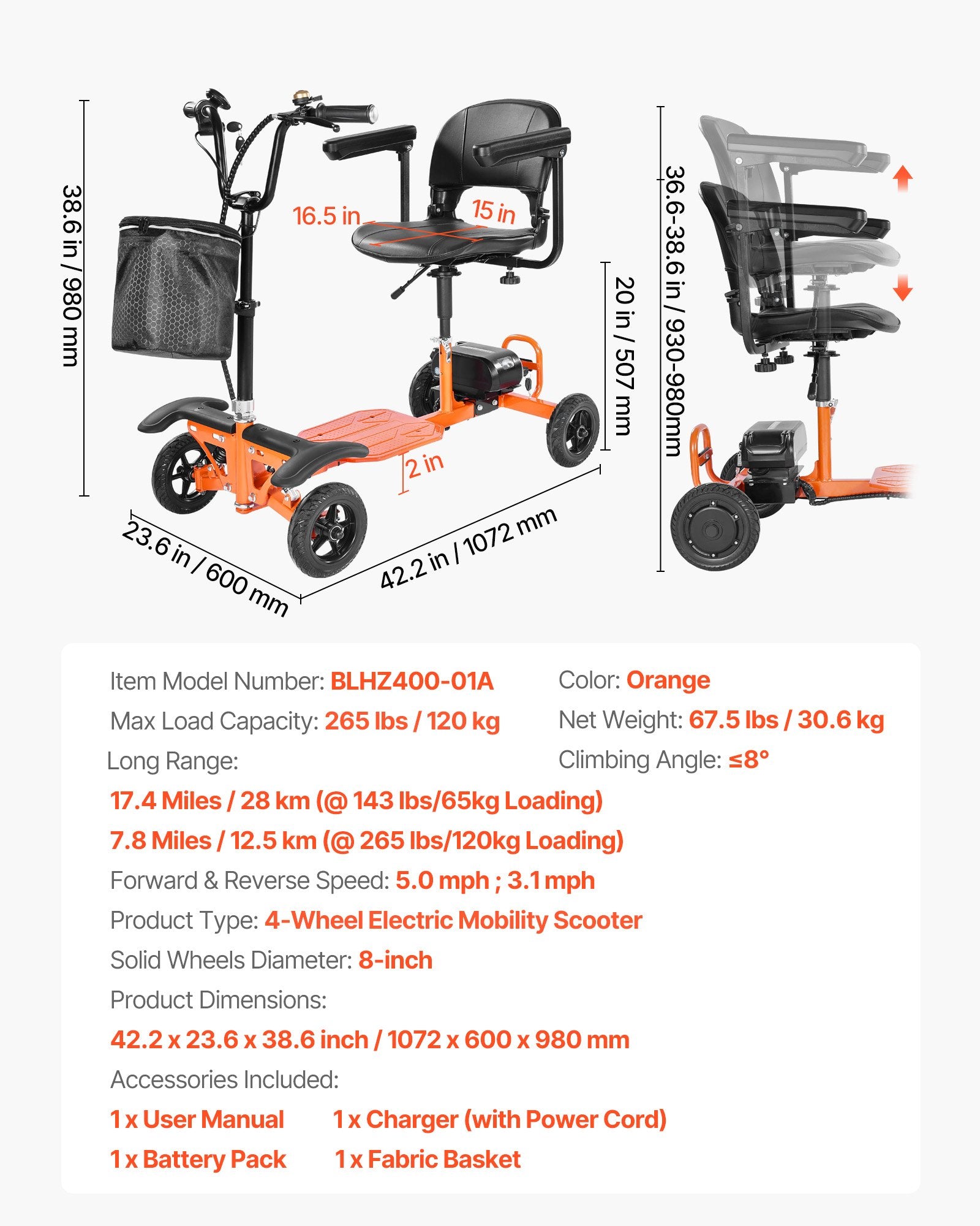 Keturratis elektrinis mobilumo skuteris VEVOR BLHZ400-01A, 120 kg apkrova