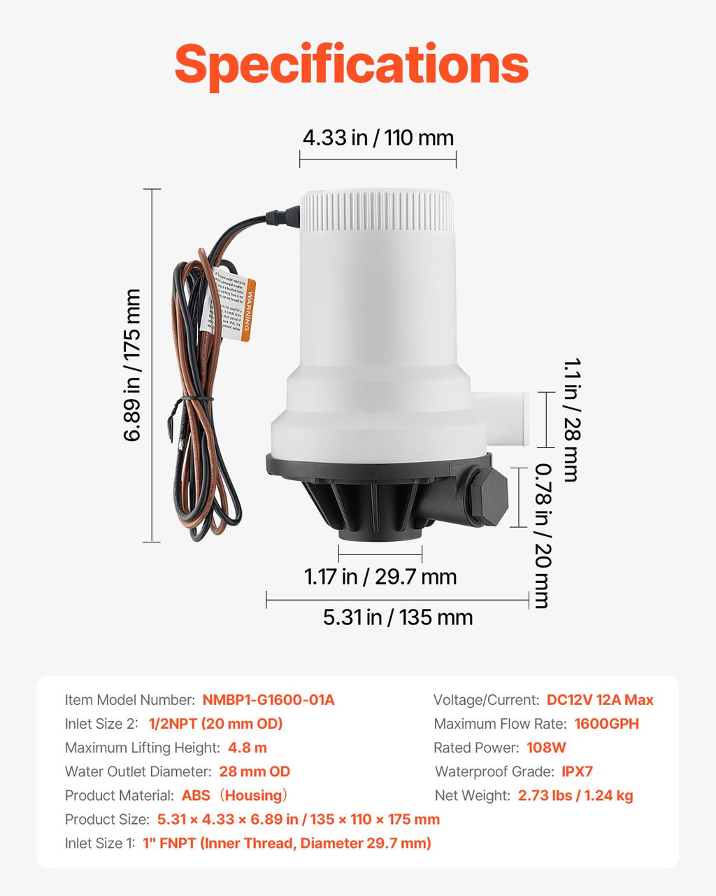 Aeravimo siurblys VEVOR NMBP1-G1600-01A, 101 l/min