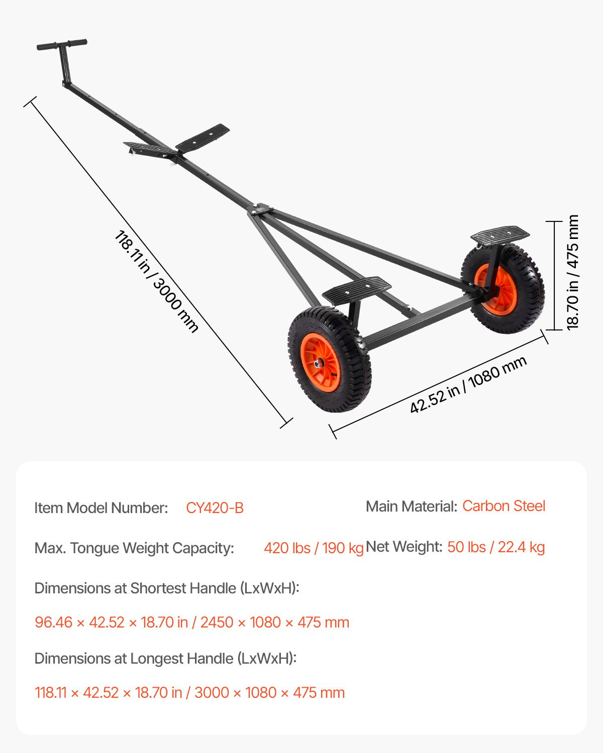 Valčių transportavimo vežimėlis VEVOR CY420-B, 190 kg keliamoji galia