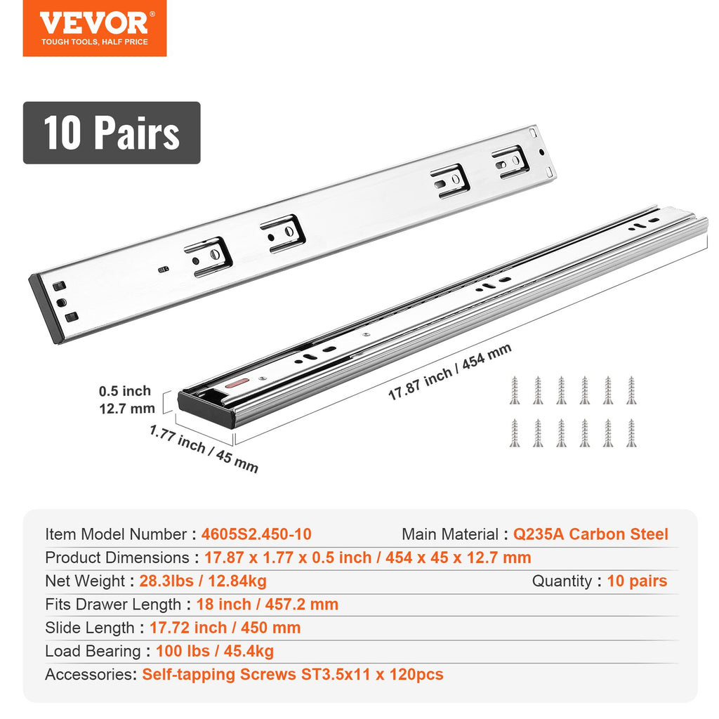 Stalčių bėgeliai VEVOR 4605S2.450-10, 457,2 mm, 10 porų