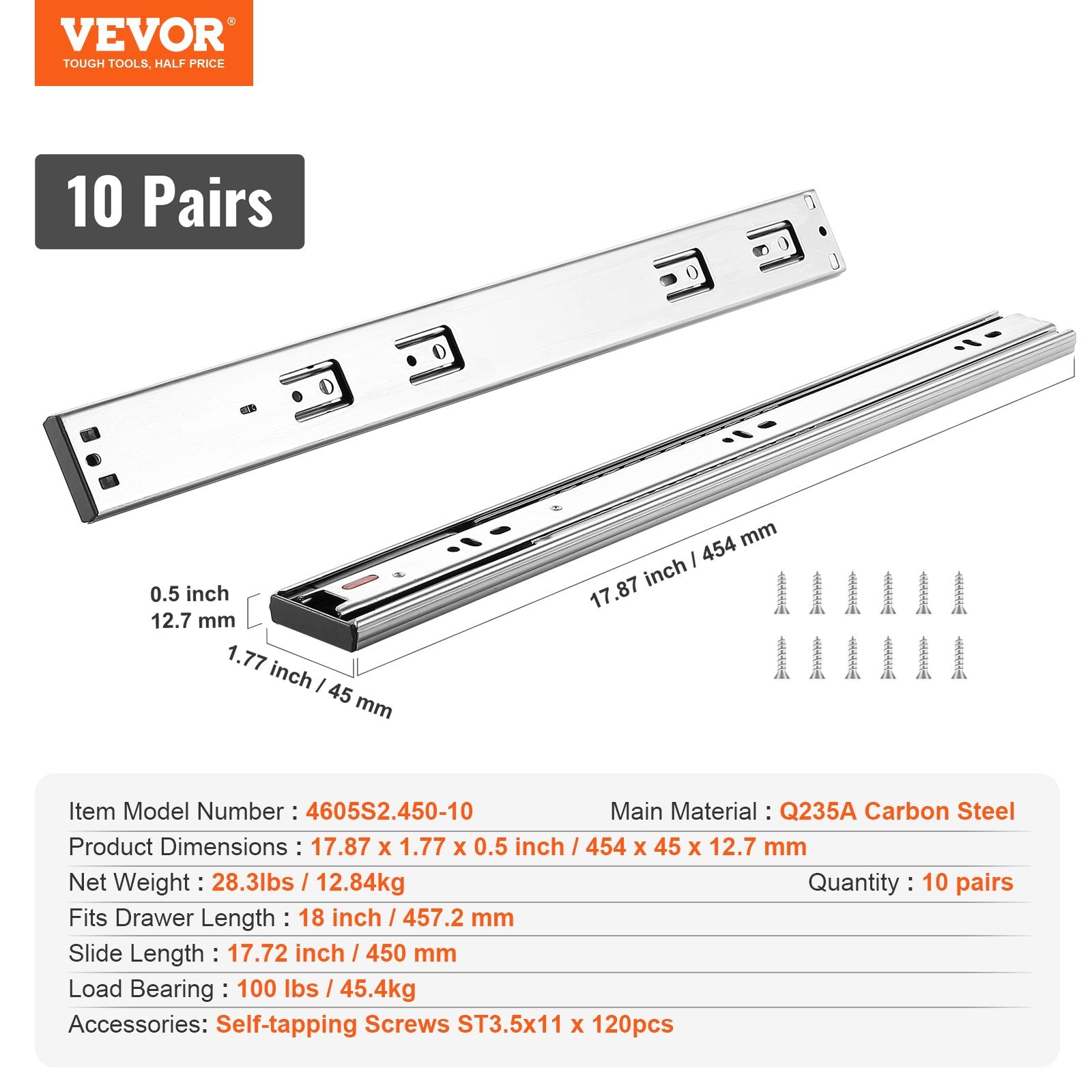 Stalčių bėgeliai VEVOR 4605S2.450-10, 457,2 mm, 10 porų