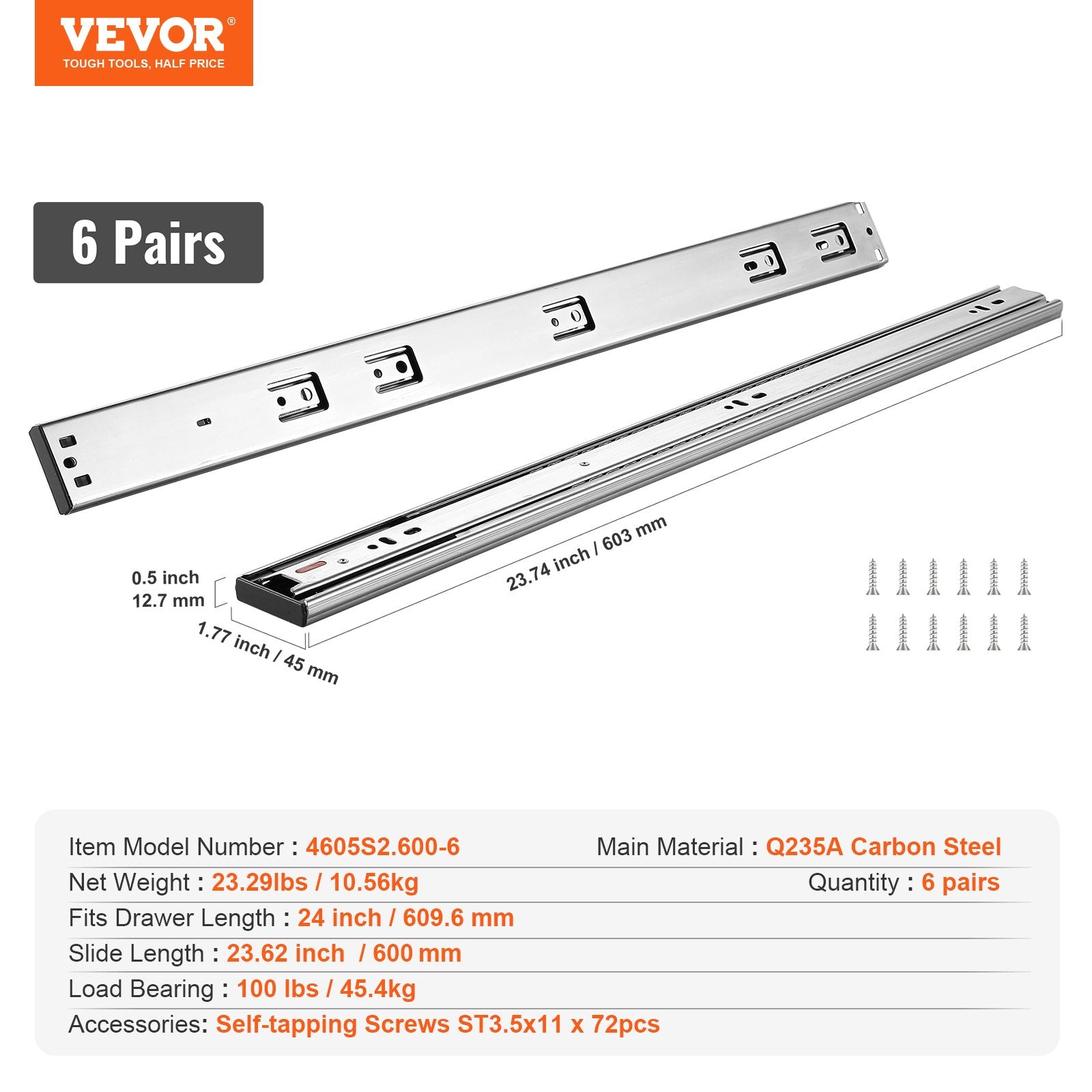 Stalčių bėgeliai VEVOR 4605S2.600-6, 609,6 mm