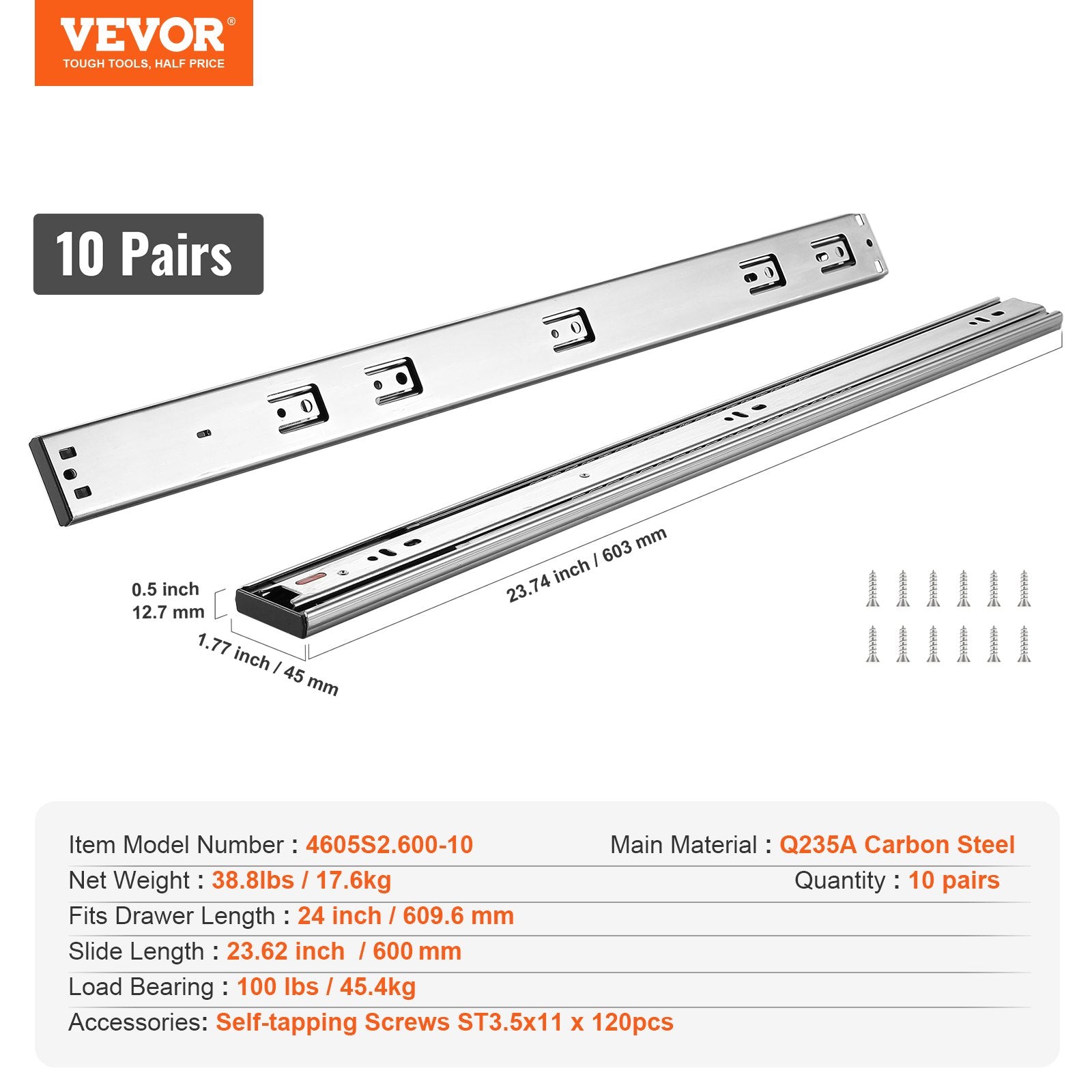 Stalčių bėgeliai VEVOR 4605S2.600-10, 609,6 mm