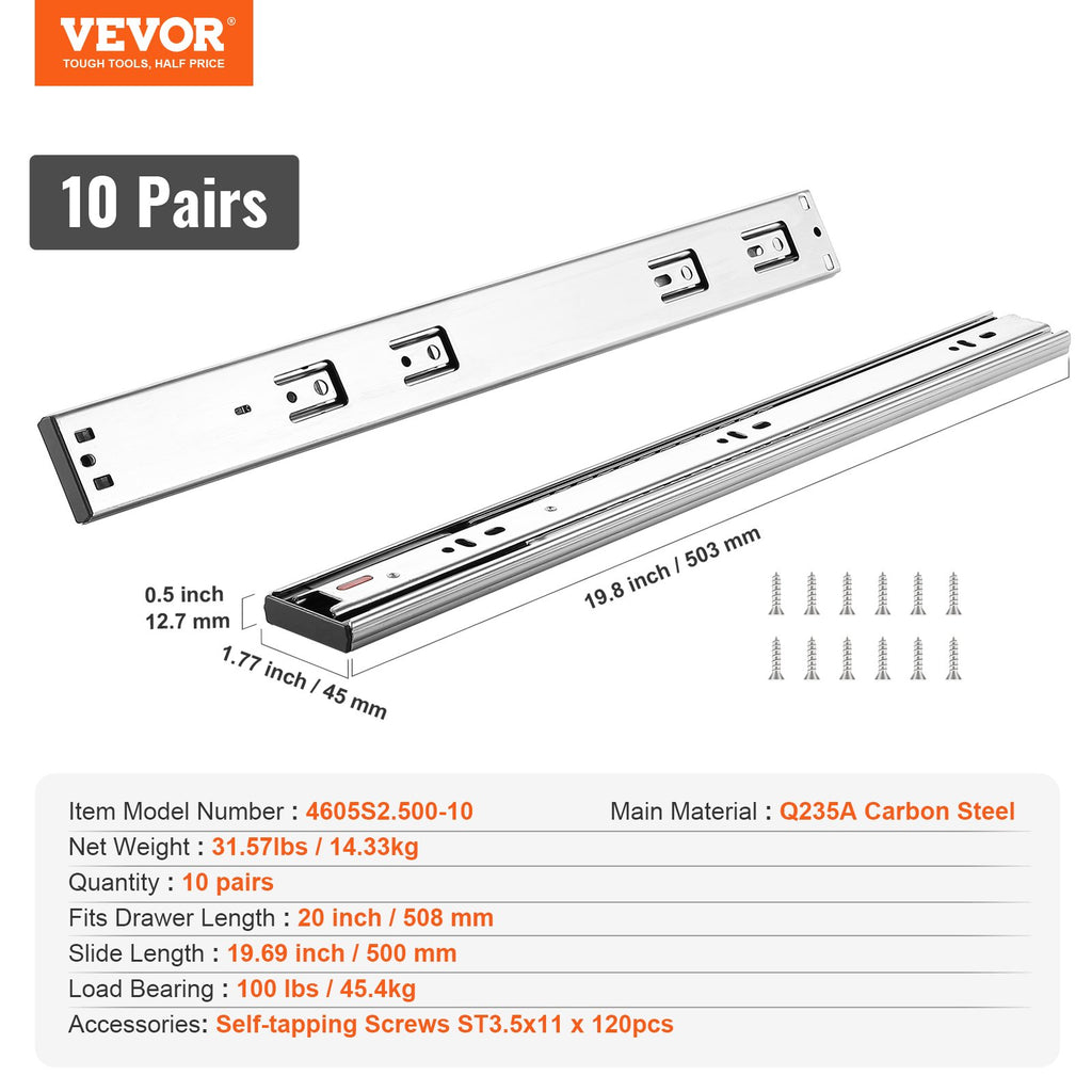 Stalčių bėgeliai VEVOR 4605S2.500-10, 508 mm, 10 porų