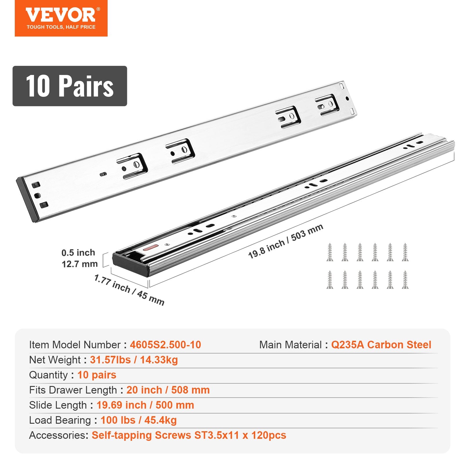 Stalčių bėgeliai VEVOR 4605S2.500-10, 508 mm, 10 porų