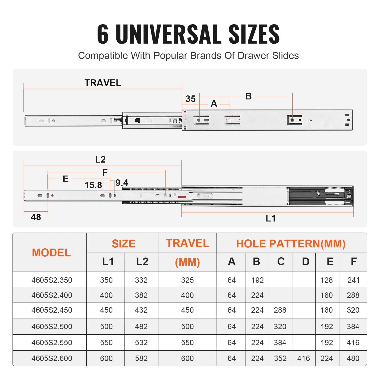 Stalčių bėgeliai VEVOR 4605S2.400-6, 406,4 mm, 6 poros