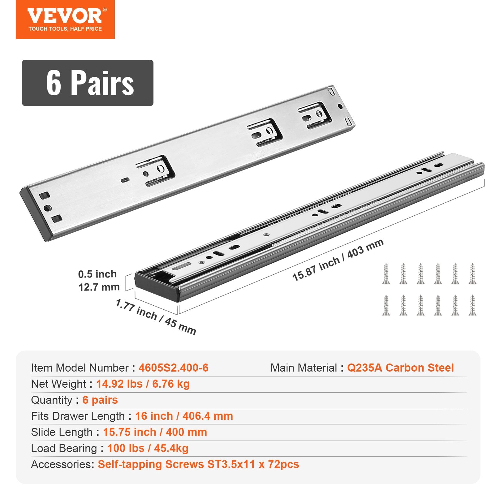 Stalčių bėgeliai VEVOR 4605S2.400-6, 406,4 mm, 6 poros