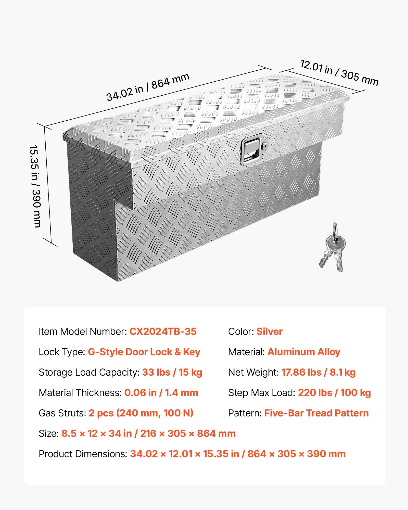 Sunkvežimio kėbulo įrankių dėžė VEVOR CX2024TB-35, 864 x 305 x 390 mm