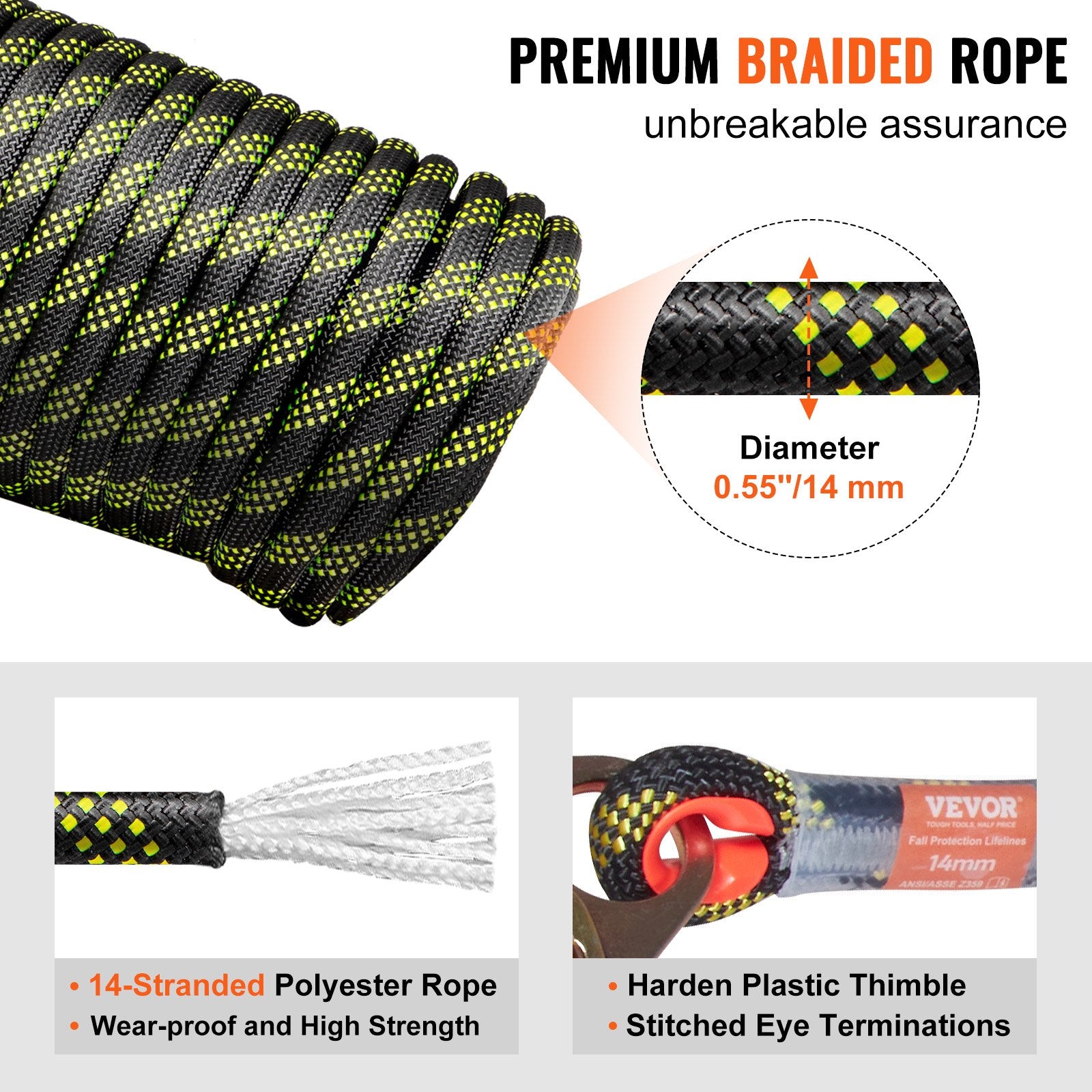 Vertikali saugos virvė VEVOR ROPE-Z-14-150, 45,7 m