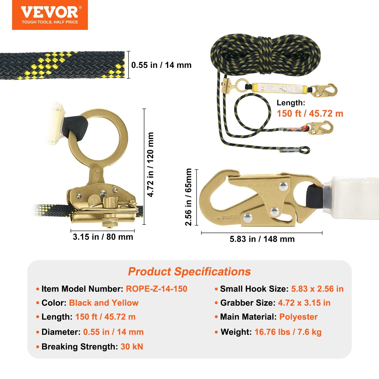 Vertikali saugos virvė VEVOR ROPE-Z-14-150, 45,7 m