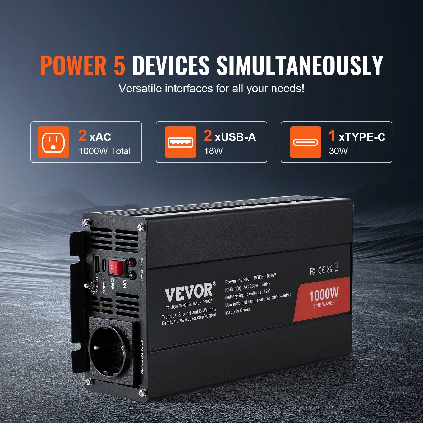 Įtampos keitiklis VEVOR SGPE-1000W, 1000 W