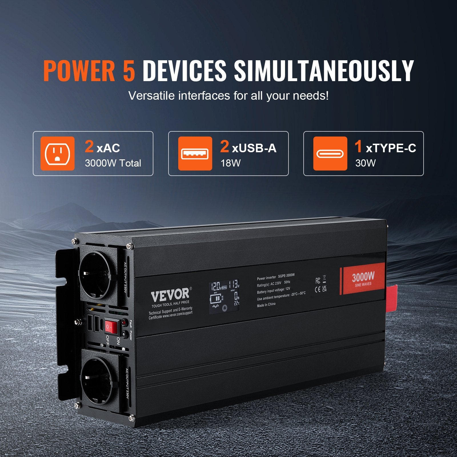 Įtampos keitiklis VEVOR SGPE-3000W, 3000W