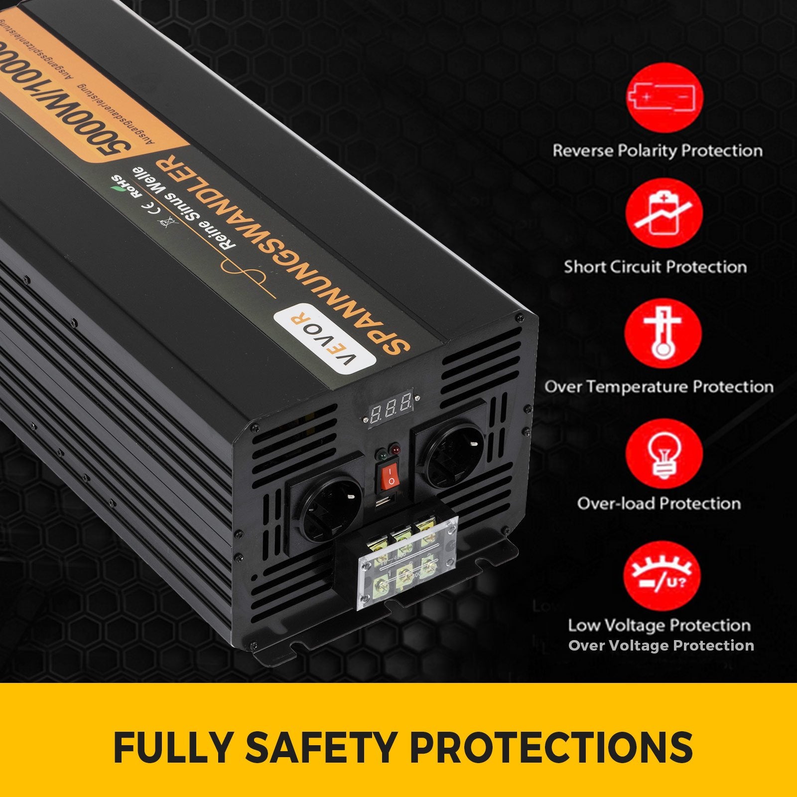 Gryno sinuso įtampos keitiklis VEVOR 5000W 24V-230V, 10000W pikinė galia
