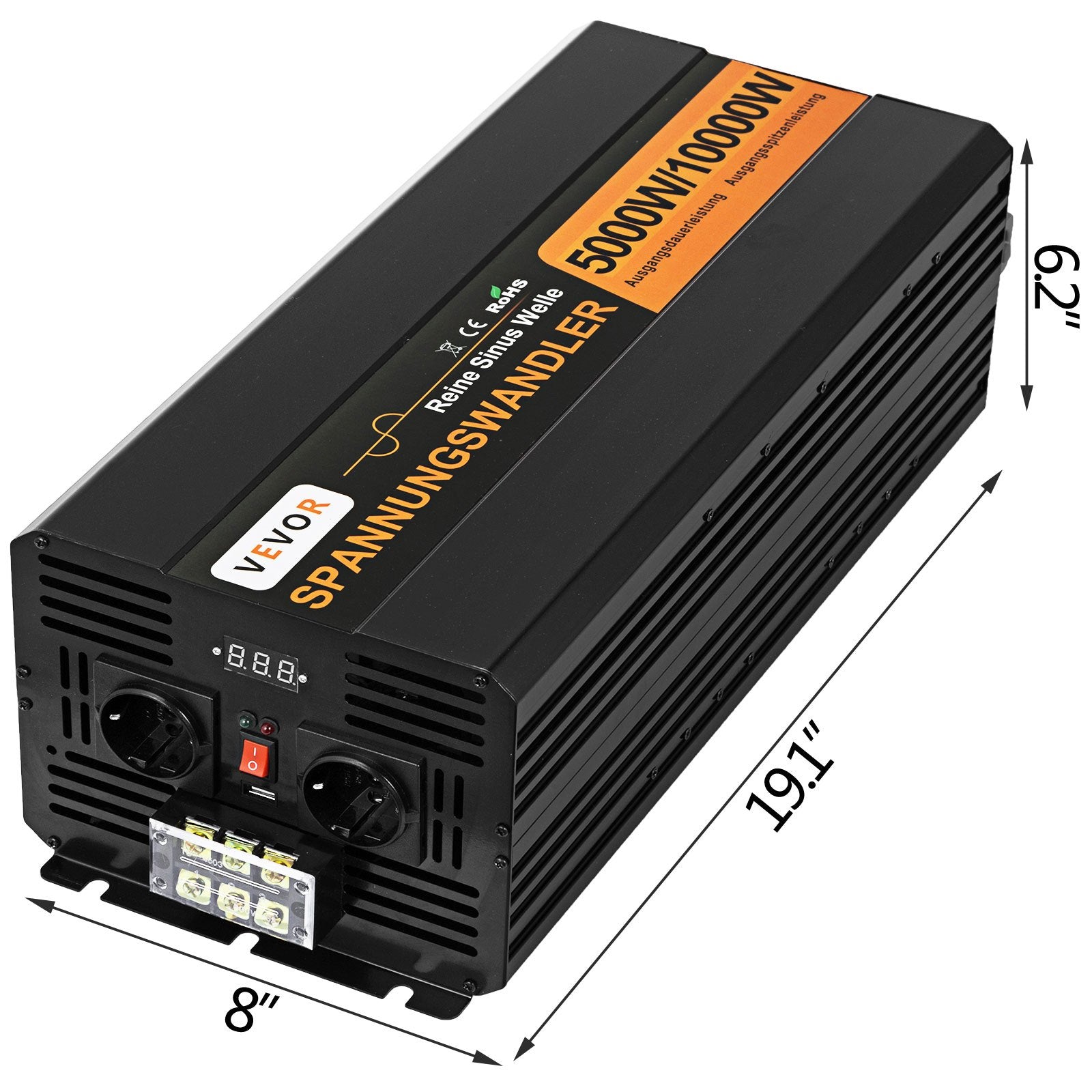 Gryno sinuso įtampos keitiklis VEVOR 5000W 24V-230V, 10000W pikinė galia