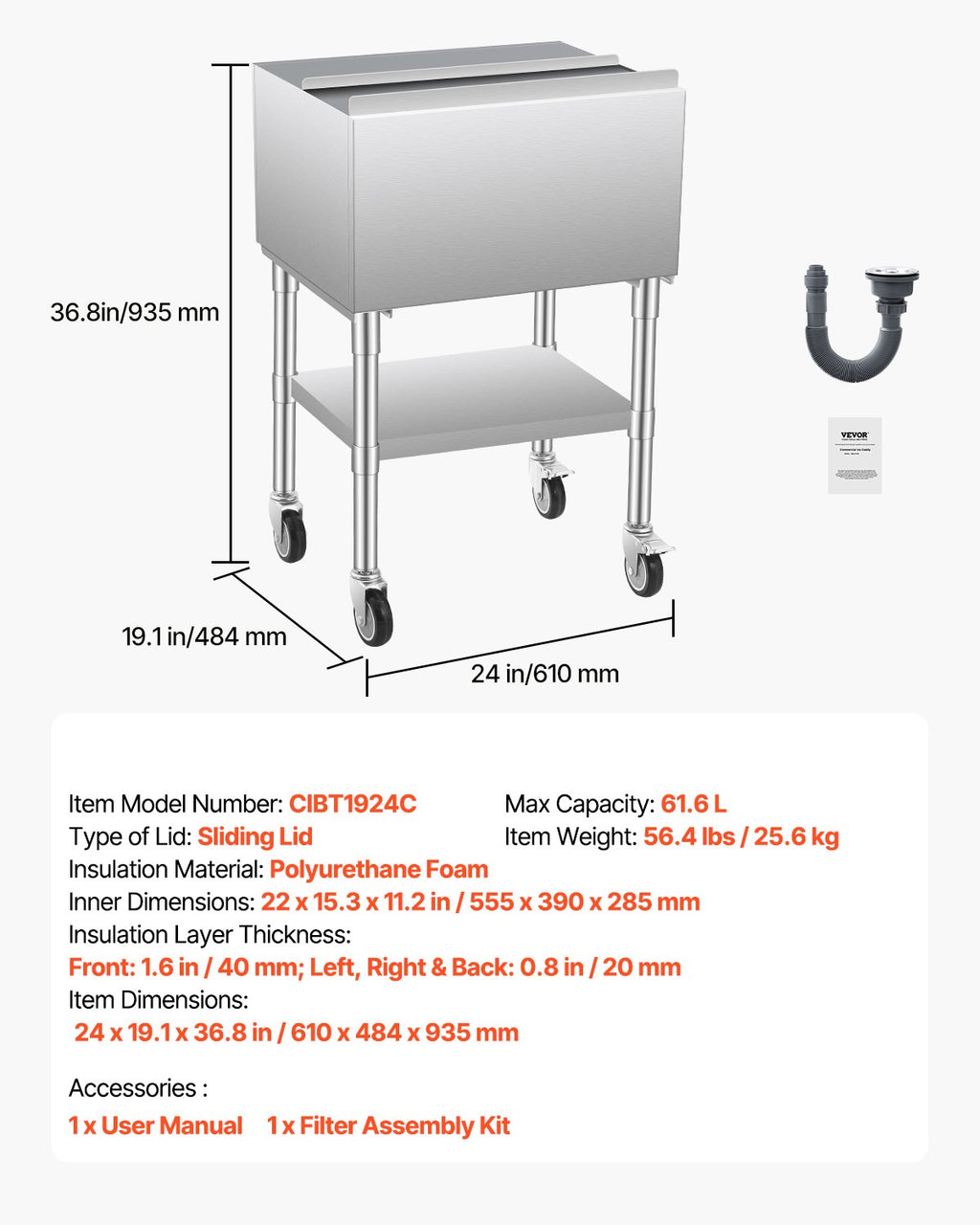Komercinė ledo talpa VEVOR CIBT1924C, 61,6 l