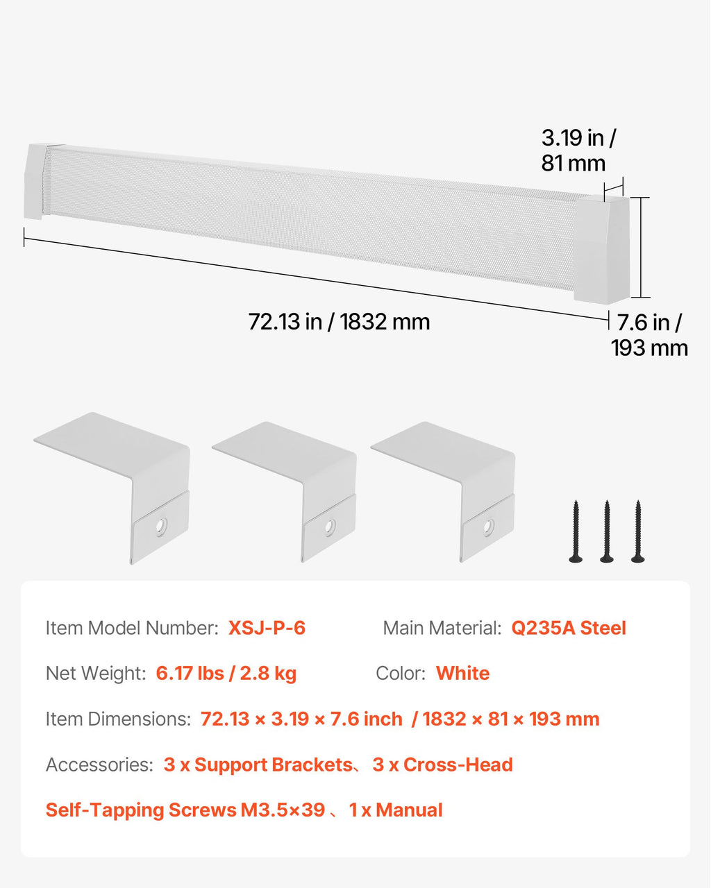 Grindjuostinio šildytuvo gaubtas VEVOR XSJ-P-6, 1832 mm