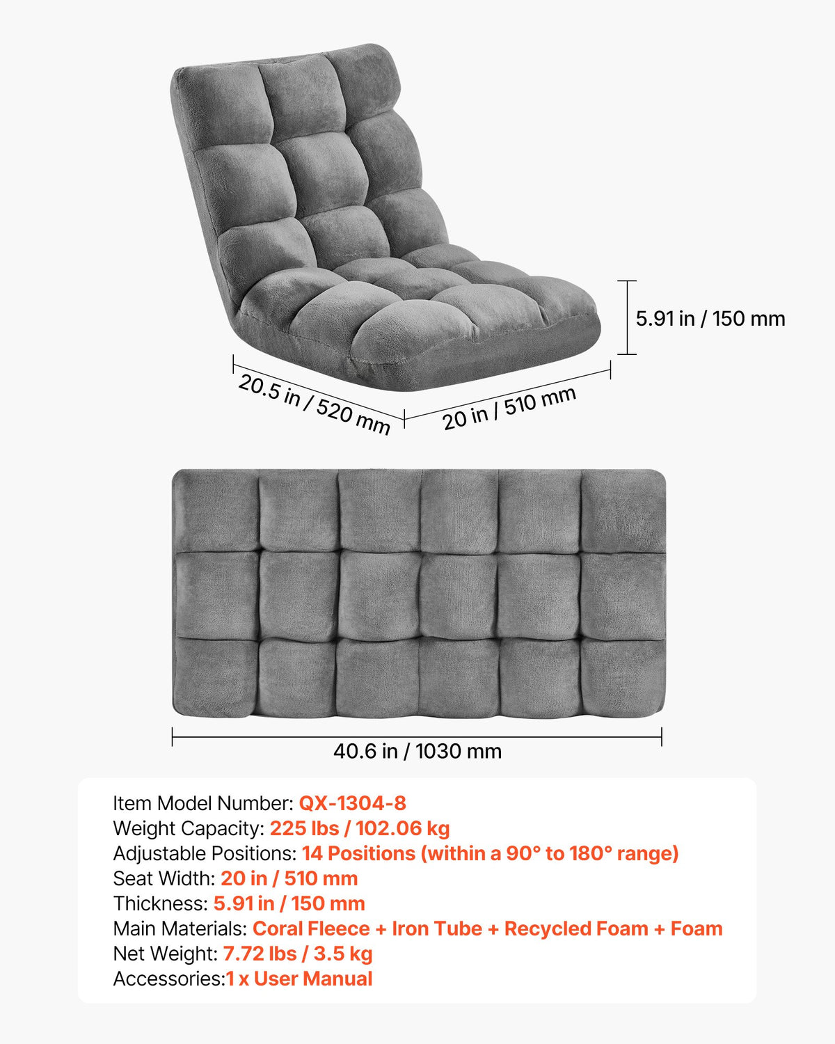 Grindų kėdė VEVOR QX-1304-8, 14 reguliuojamų padėčių