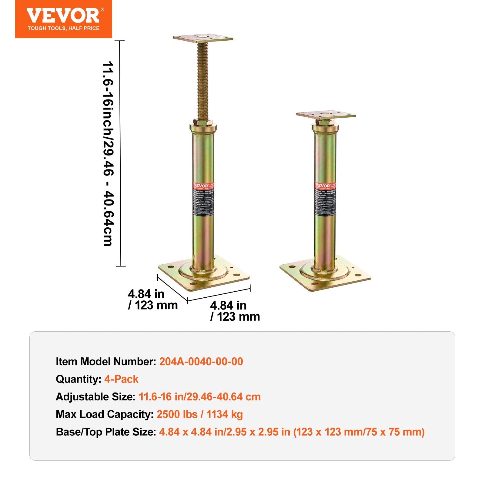 Reguliuojamos grindų atramos VEVOR 204A-0040-00-00, 29,5–40,6 cm, 4 vnt.