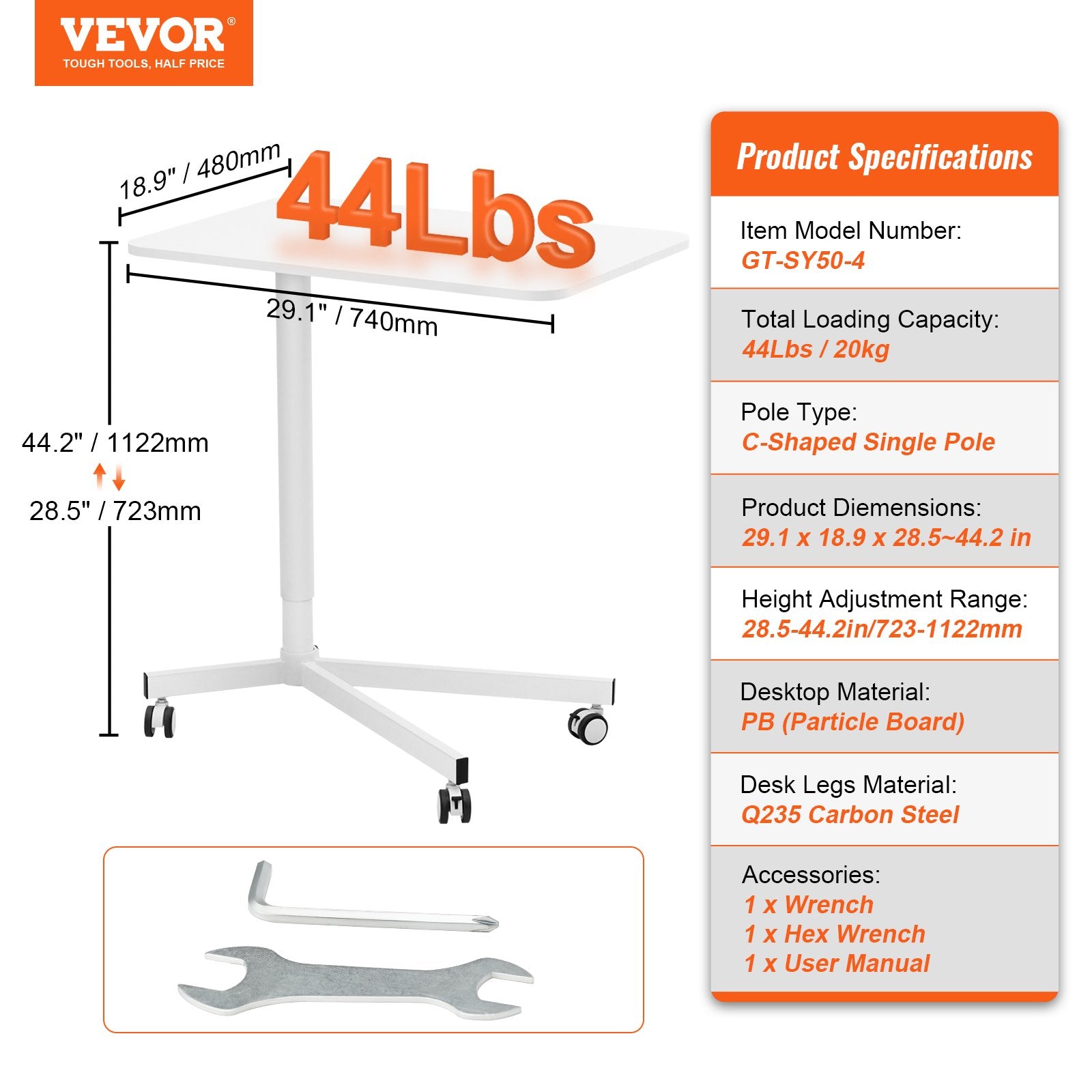 Reguliuojamo aukščio mobilus stalas VEVOR GT-SY50-4, 72,3–112,2 cm aukštis