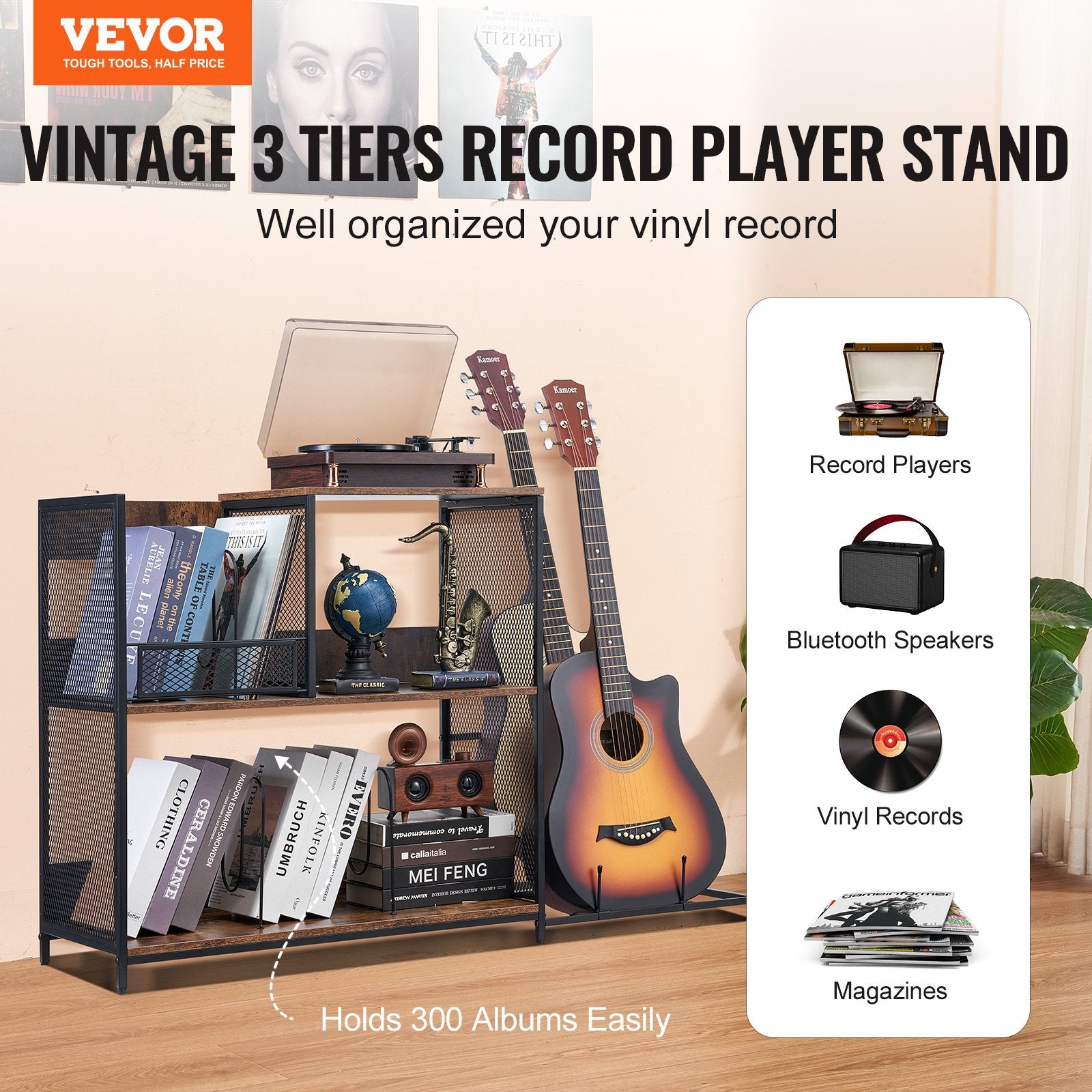 Vinilinių plokštelių grotuvo staliukas VEVOR SR245119, 300 albumų talpa