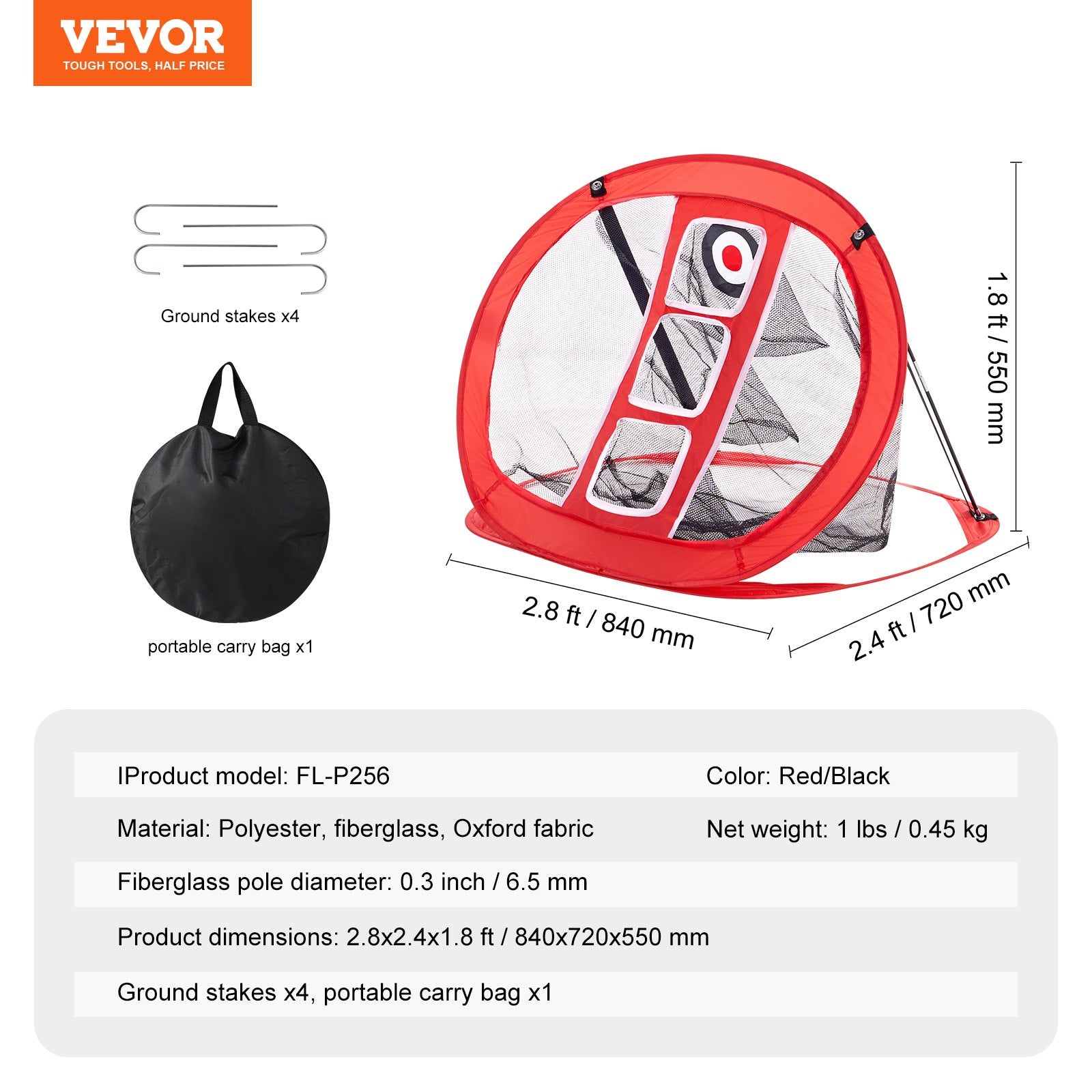 Golfo treniruočių tinklas VEVOR FL-P256, 840x720x550 mm