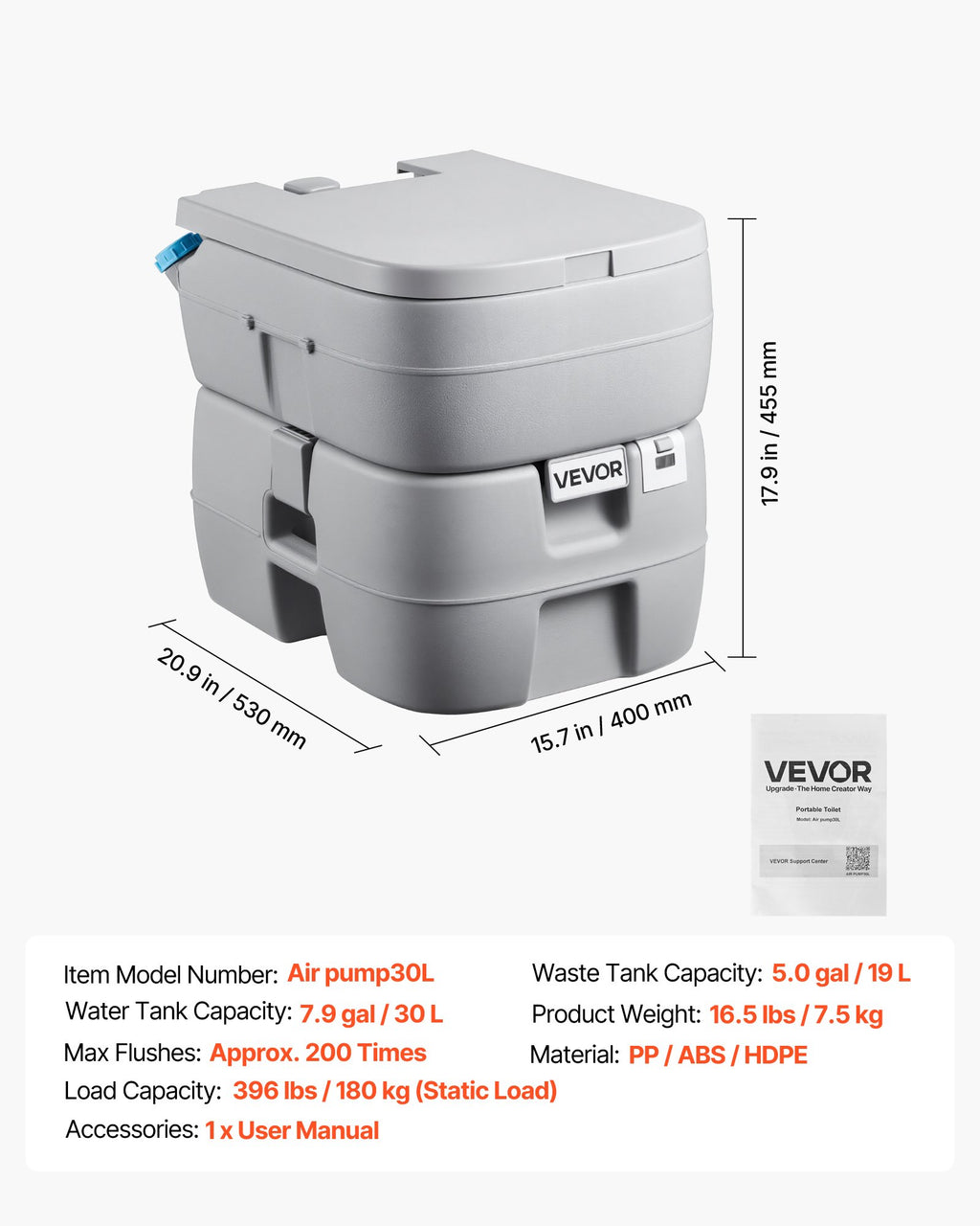 Nešiojamas tualetas VEVOR Air pump30L, 30 l talpa
