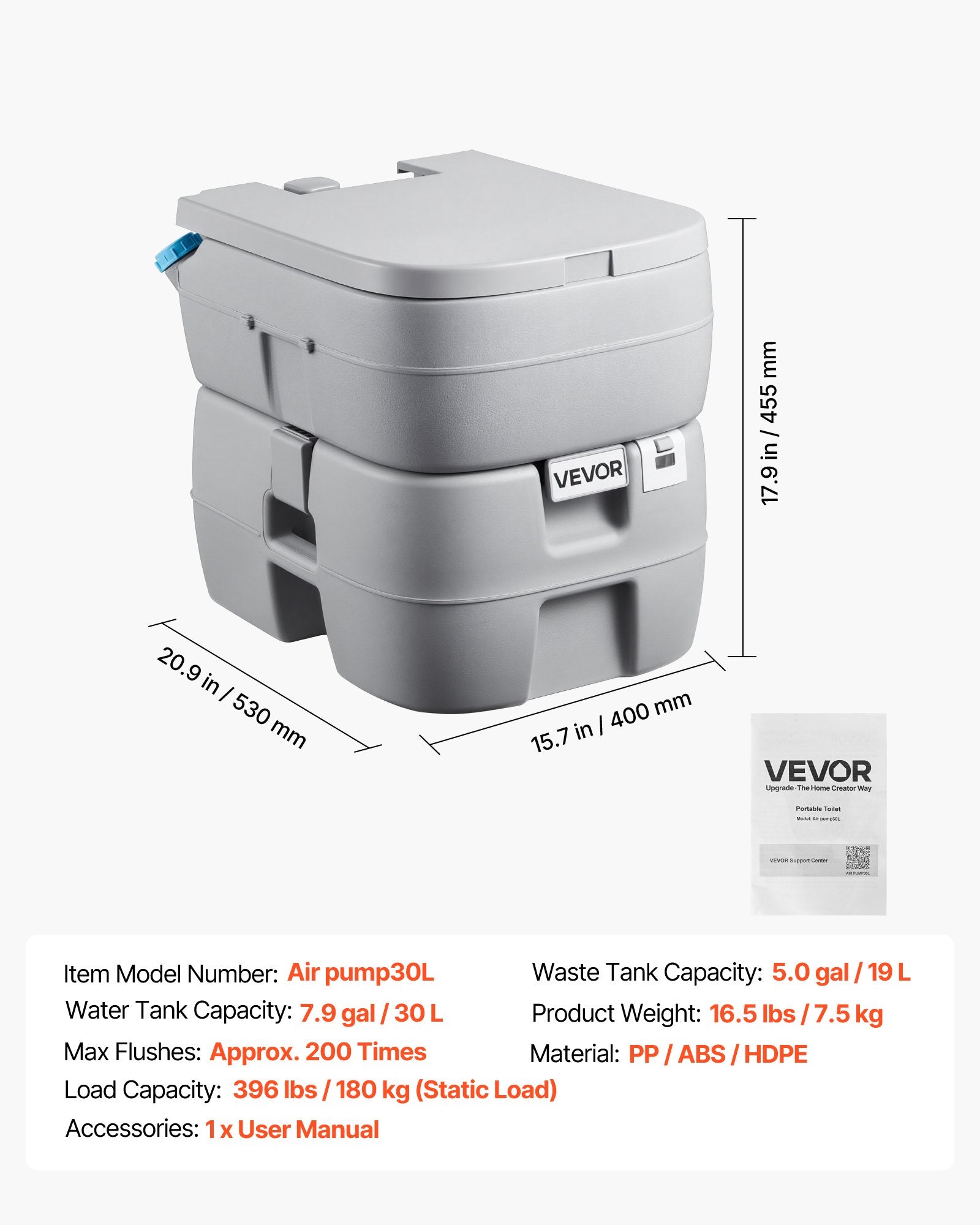 Nešiojamas tualetas VEVOR Air pump30L, 30 l talpa