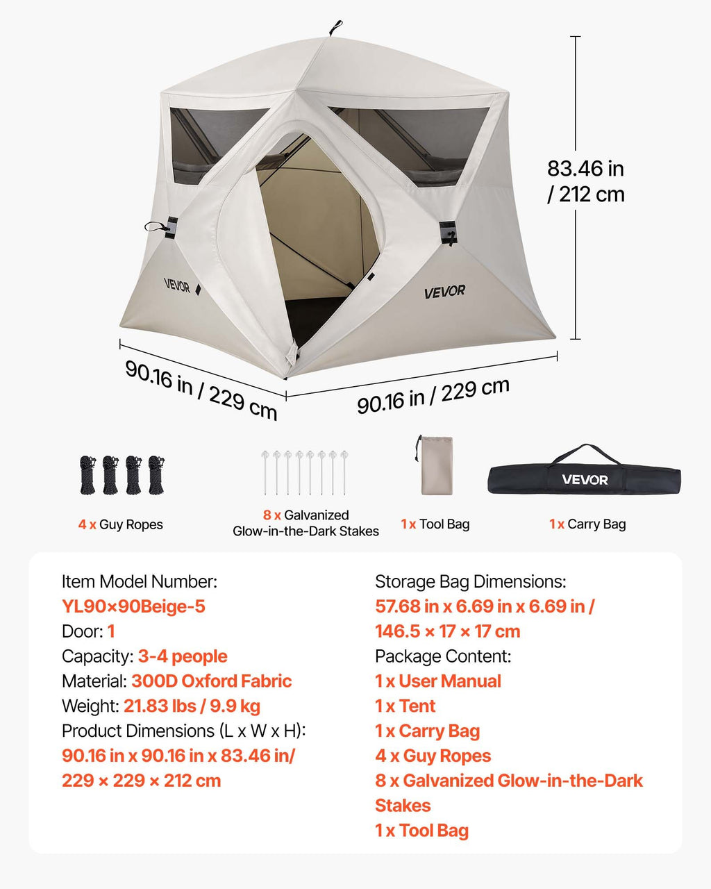 Keturvietė palapinė VEVOR YL90x90Beige-5, 212 cm aukščio