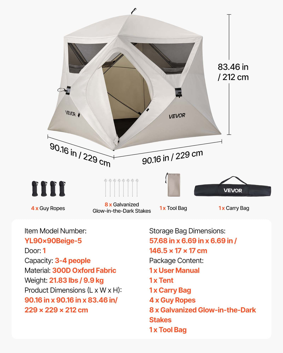 Keturvietė palapinė VEVOR YL90x90Beige-5, 212 cm aukščio
