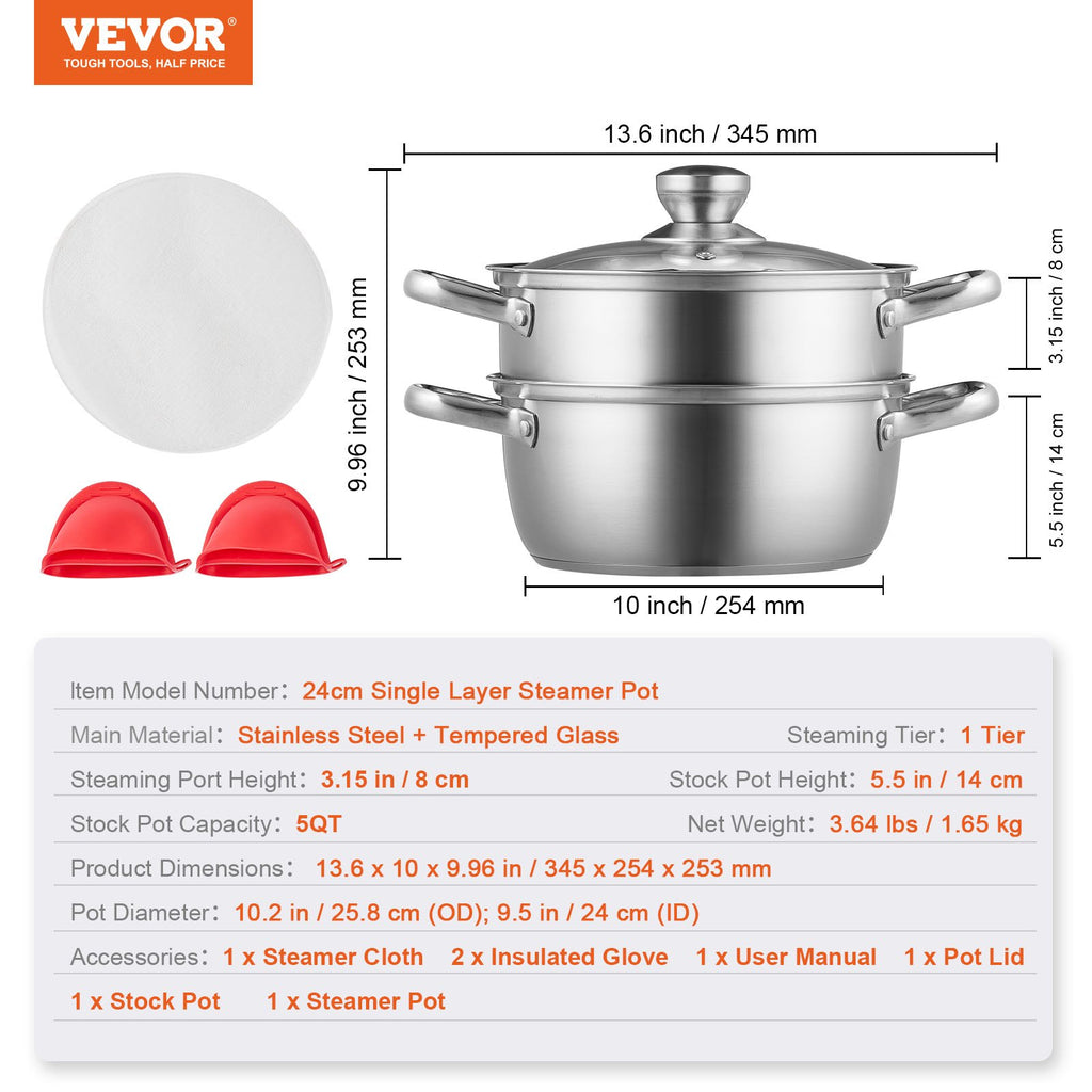 Garų puodas VEVOR 24 cm, 4,7 l talpos