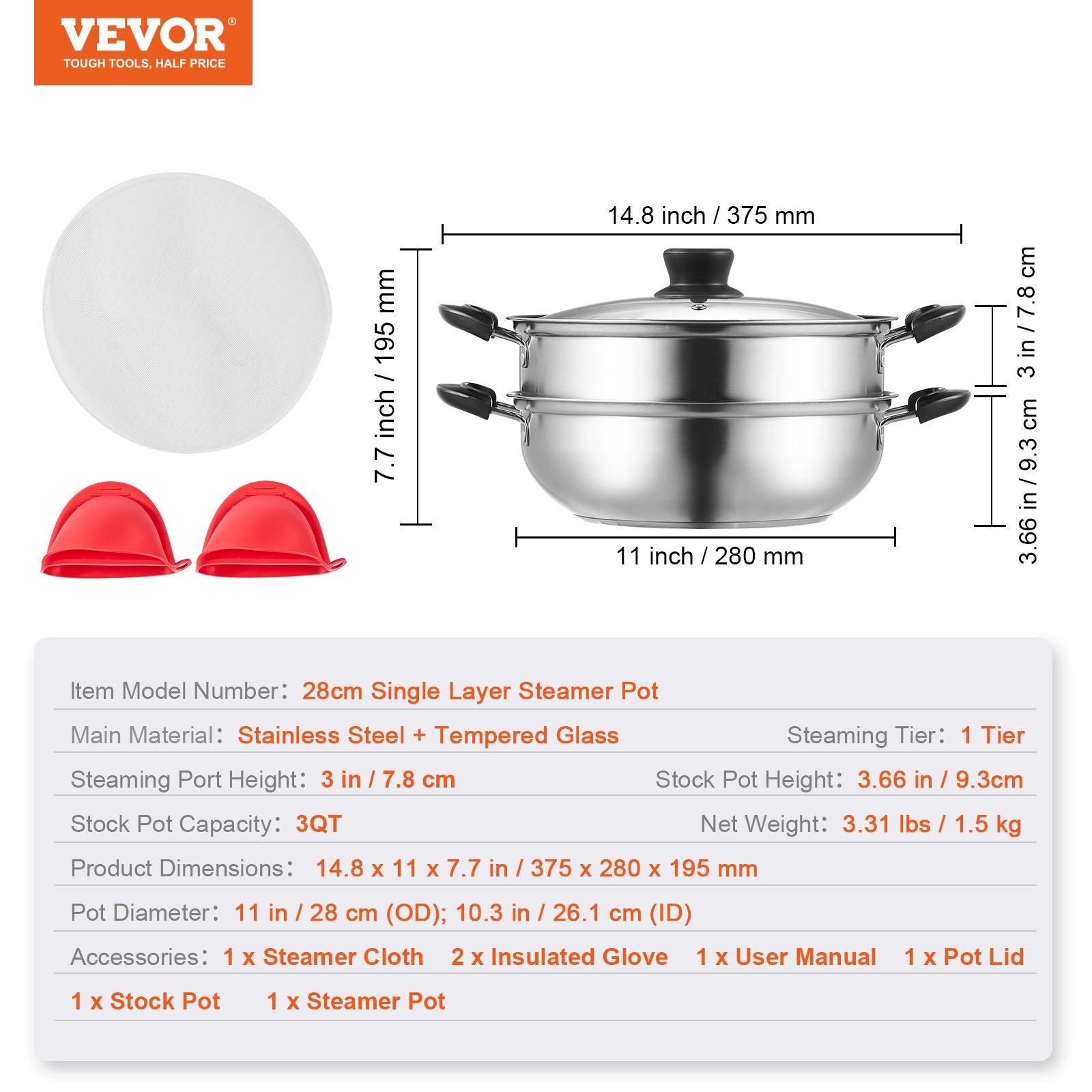 Garų puodas VEVOR 28 cm, 3QT talpa