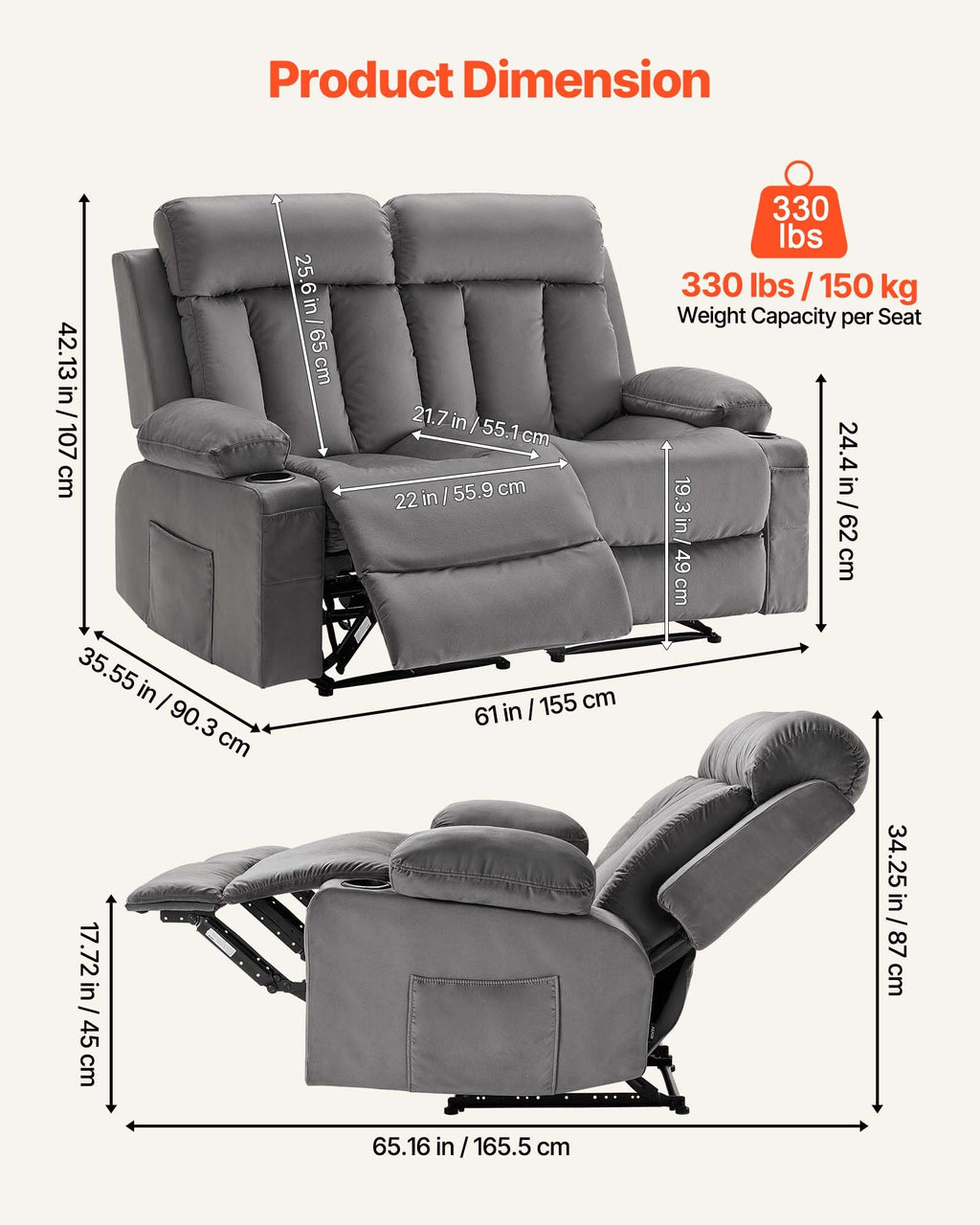 Dvivietė elektrinė masažinė sofa VEVOR A1505-2DLR, su šildymo ir masažo funkcijomis