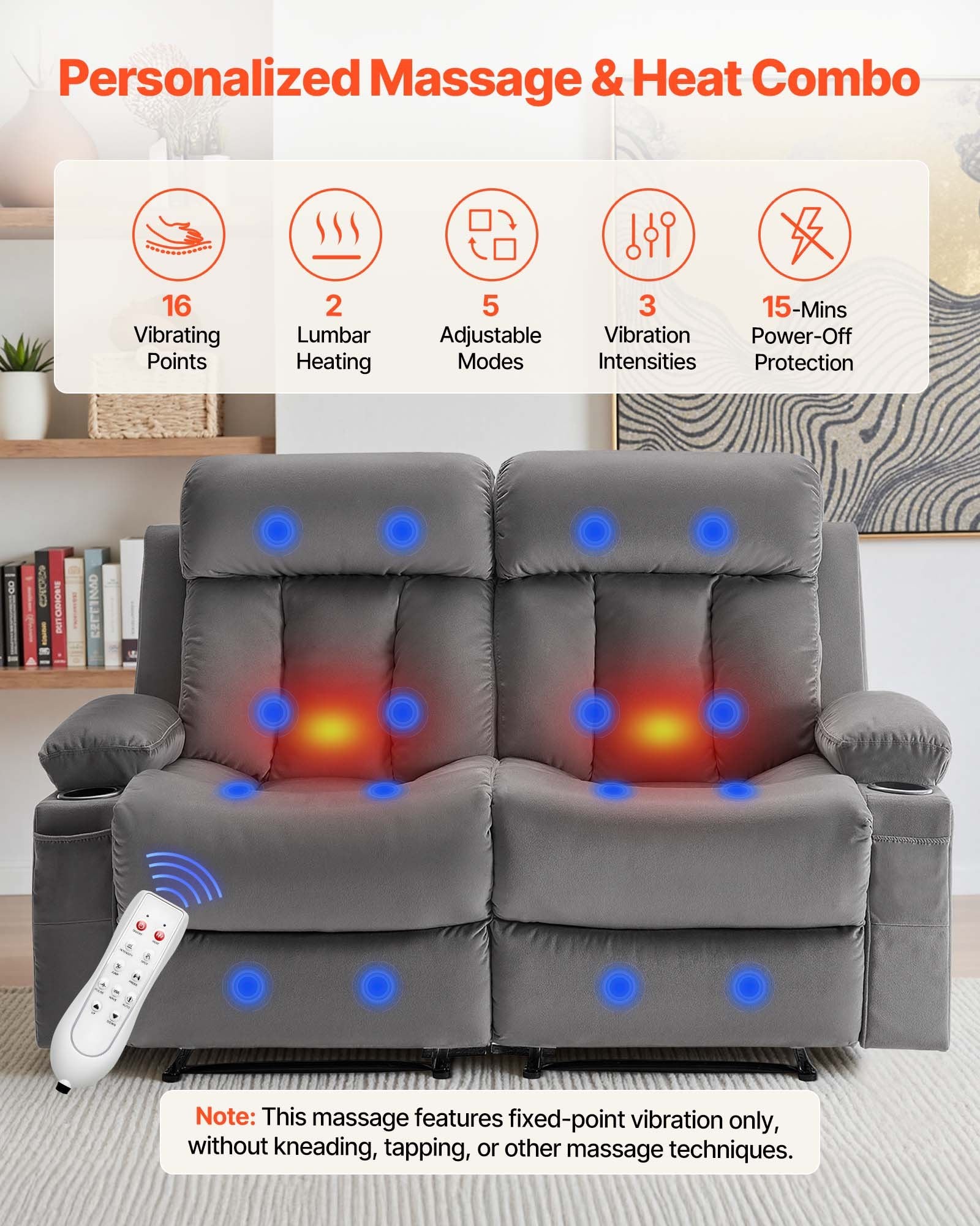 Dvivietė elektrinė masažinė sofa VEVOR A1505-2DLR, su šildymo ir masažo funkcijomis