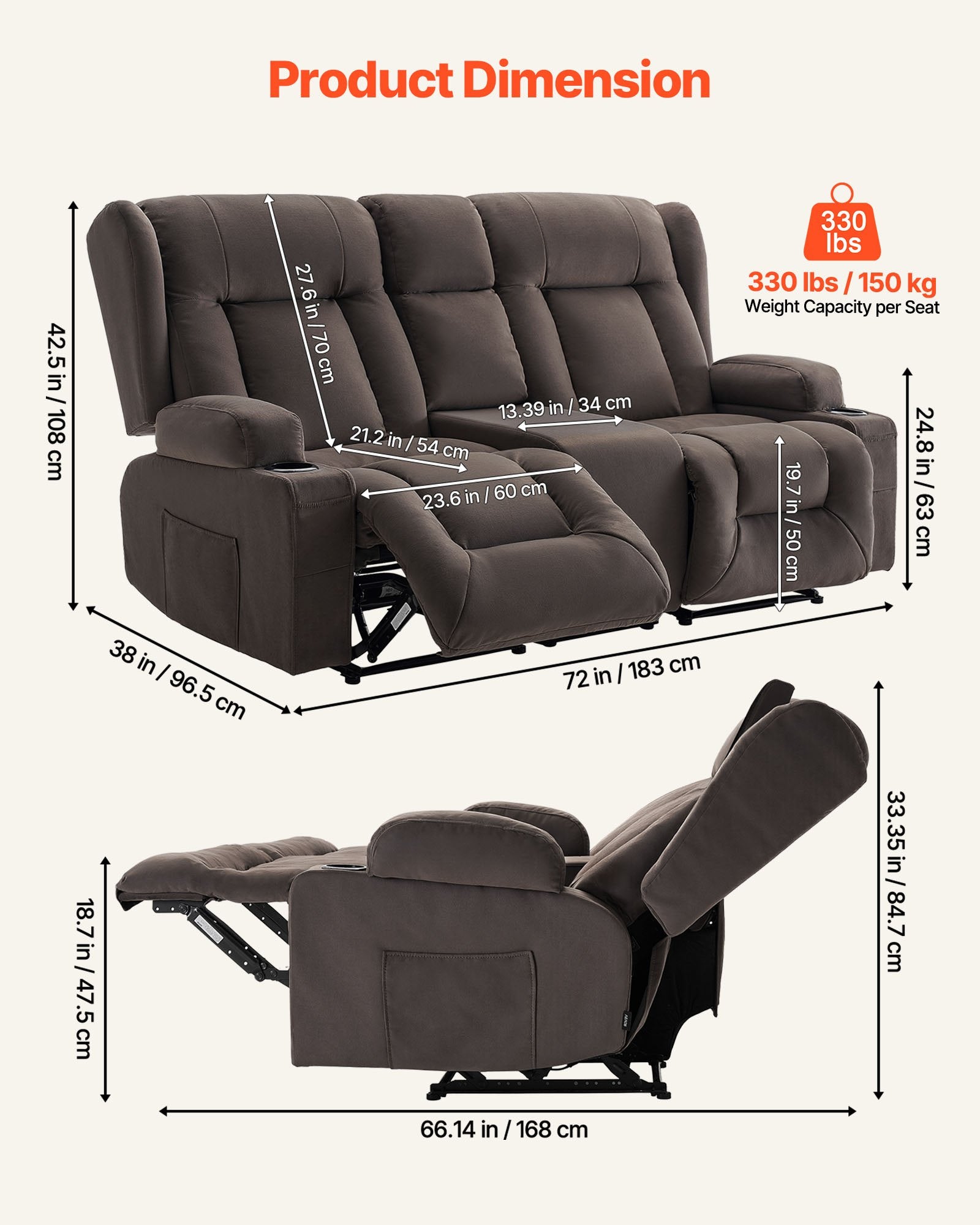 Dvivietė elektrinė masažinė sofa VEVOR A1503-2DLR, su šildymo funkcija
