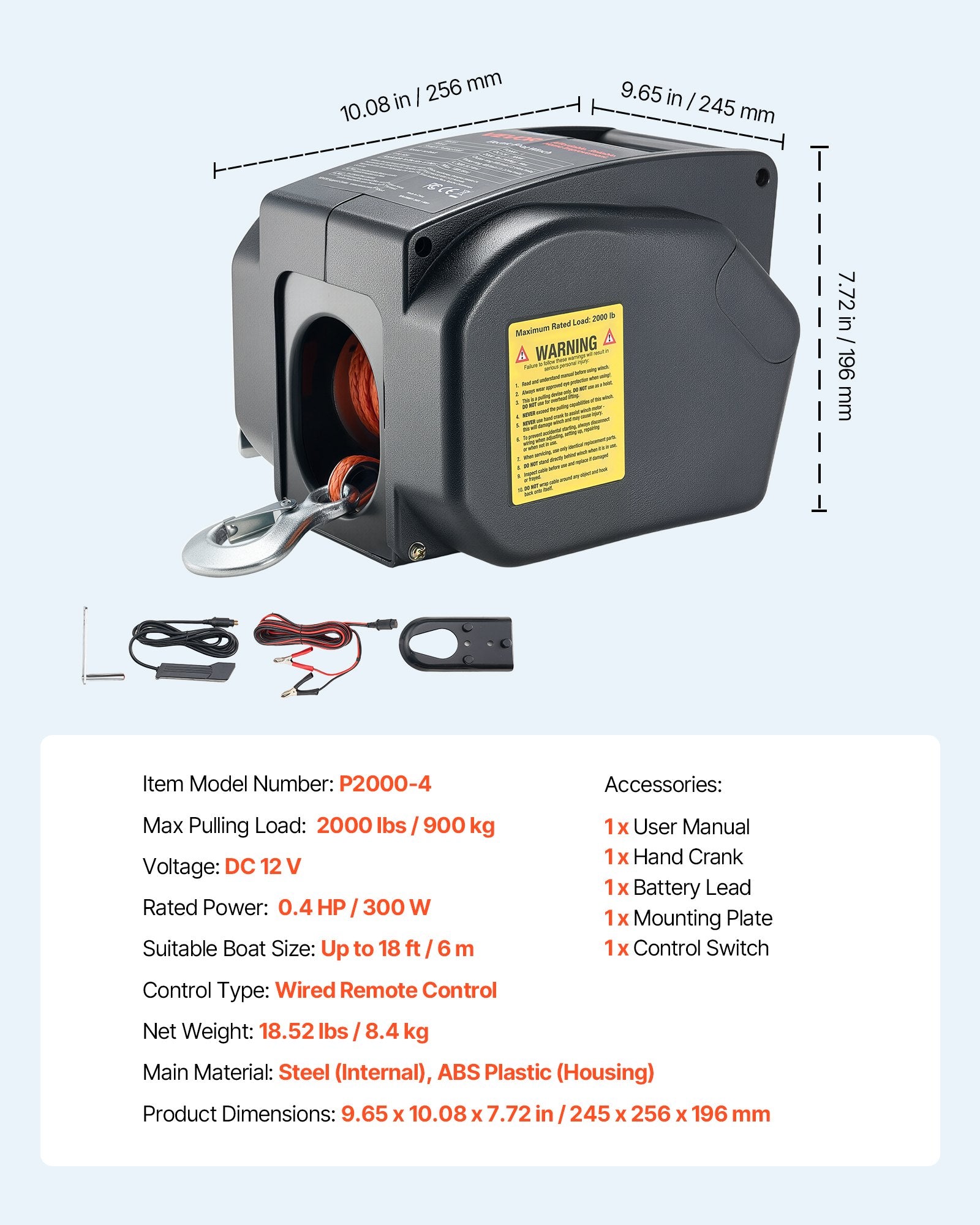 Elektrinė valčių gervė VEVOR P2000-4, 900 kg