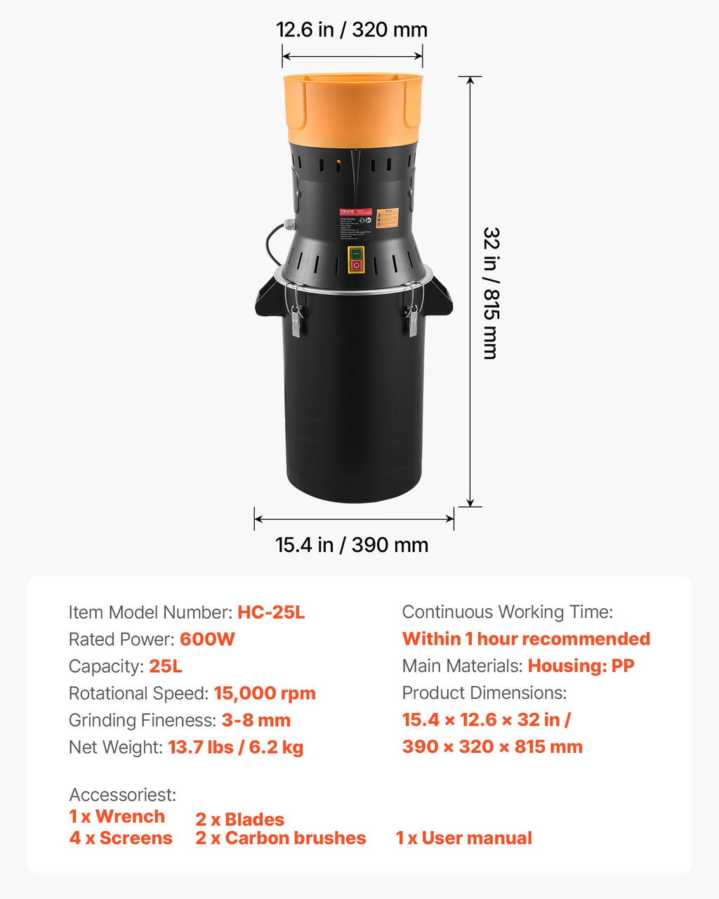 Elektrinis grūdų ir prieskonių malūnas VEVOR HC-25L, 600 W