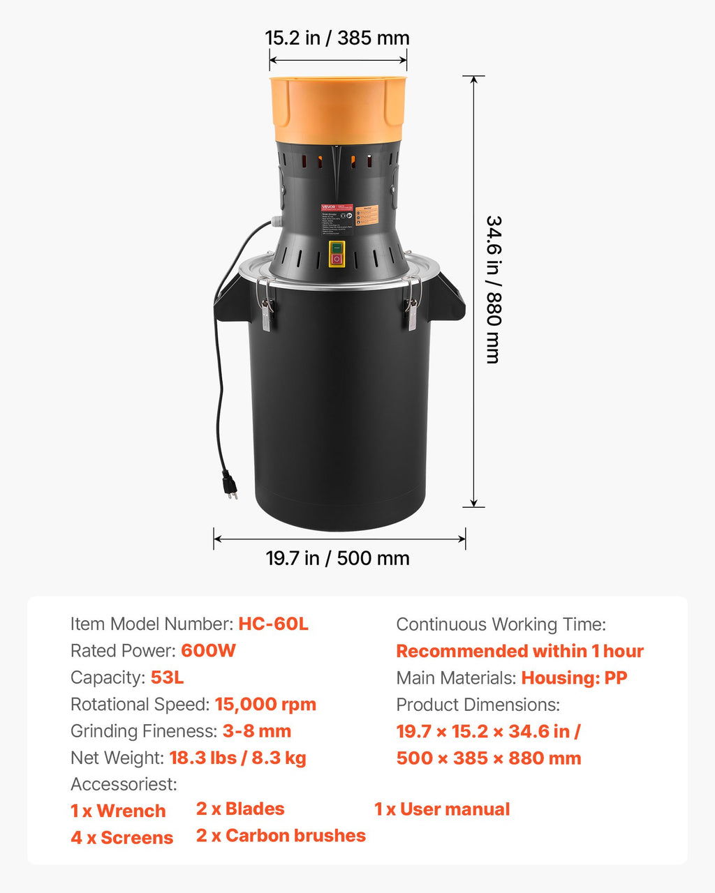 Elektrinis grūdų malūnas VEVOR HC-60L, 600 W