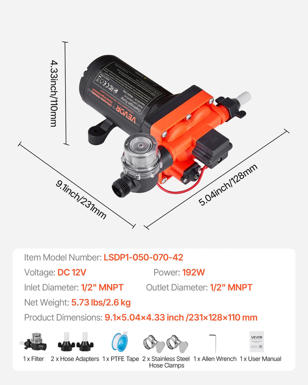 Vandens siurblys VEVOR LSDP1-050-070-42, 12V 18,9 l/min
