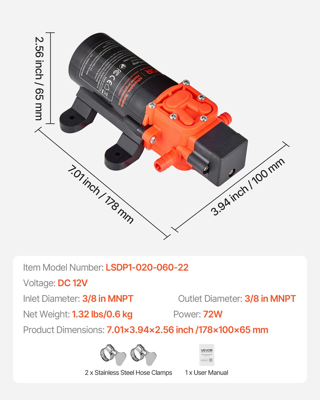 Vandens slėgio siurblys VEVOR LSDP1-020-060-22, 12V