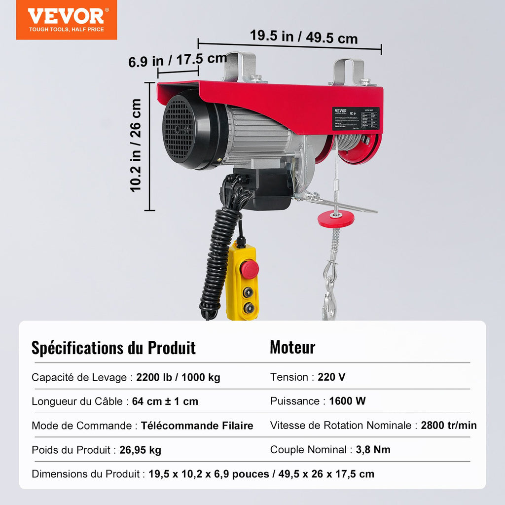 Elektrinė gervė VEVOR 1600W, 1000 kg keliamoji galia