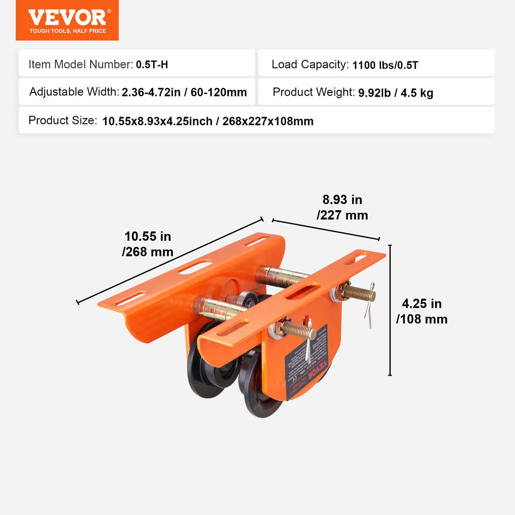 Rankinis gervės vežimėlis VEVOR 0.5T-H, 0,5 t keliamoji galia